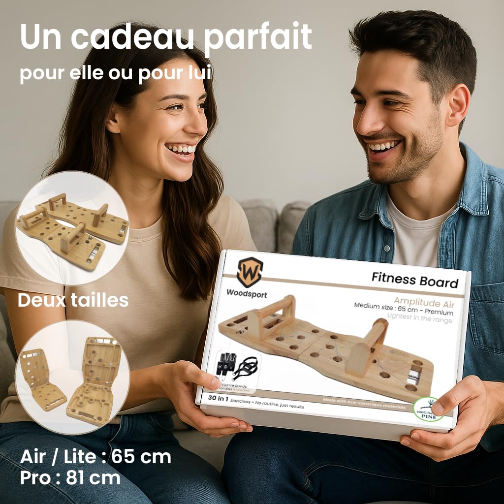 Amplitude – Push up board Premium en bois – Planche a pompe pliable - Planche pompe musculation Sport maison + 2 Elastiques + guide d’entraînement 30 en 1