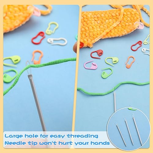 Miniatura 4 de UzecPk Juego de 59 agujas para hilo, kit de agujas de zurcir, kit de agujas romas de ojo grande con aguja de tapicería curvada, enhebrador de agujas