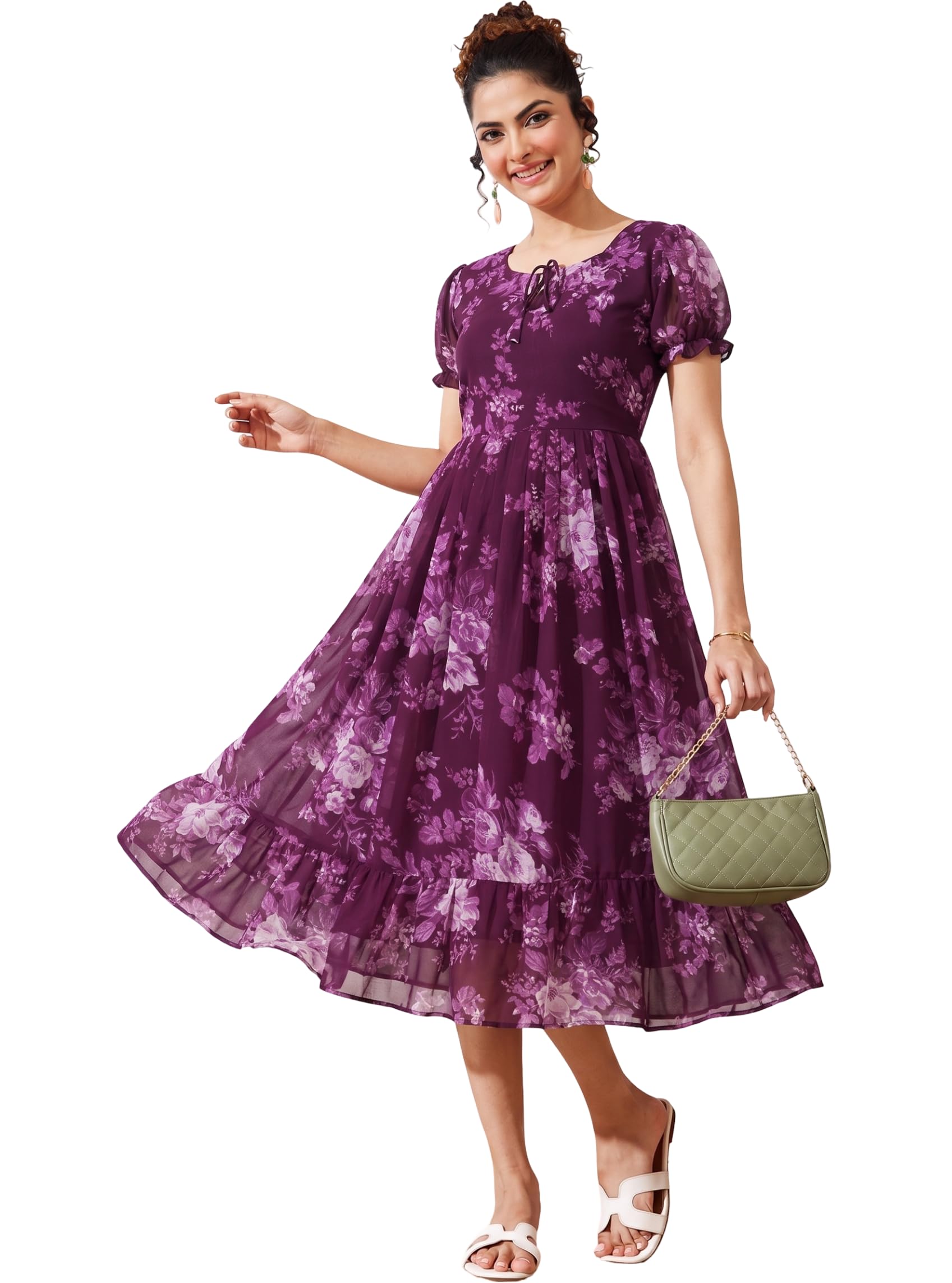 Women’s Printed Georgette Fit & Flare Maxi Dress | Puff Sleeve A-Line Dress for Casual, Office-image-5