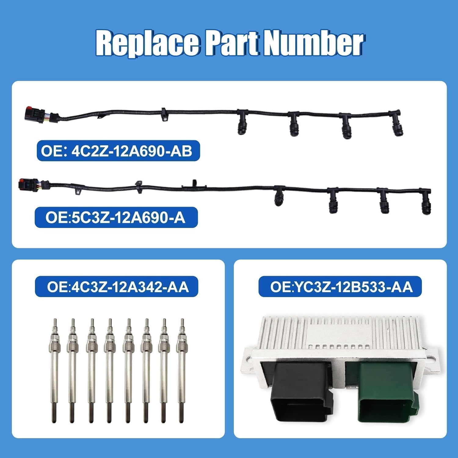 Powerstroke Glow Plug Connector Harness Kit with 8 Glow Plugs and GPCM Controller and Removal Tool Fit for 2004-2010 Ford F250/F350/F450/F550/E350/E450/Excursion, 6.0L Replace 5C3Z-12A690-A