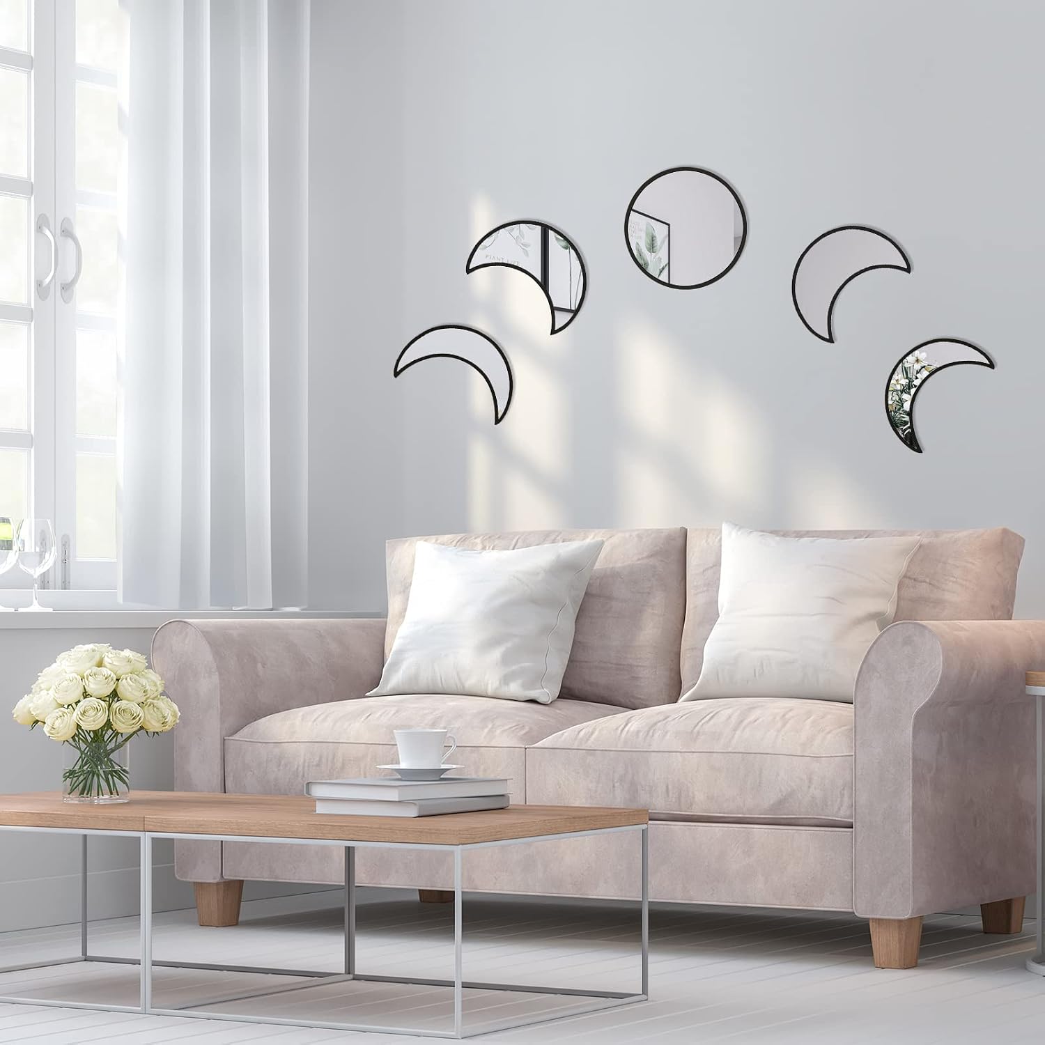 FPVERA 5 PCS Scandinavian Boho Decor Moon Wall Mirror Decor Bohemian Nordic Moon Mirror Wall Art Decoration for Home Living Room Bedroom - Boho Moon Mirror Wall Decor (Black, Acrylic)