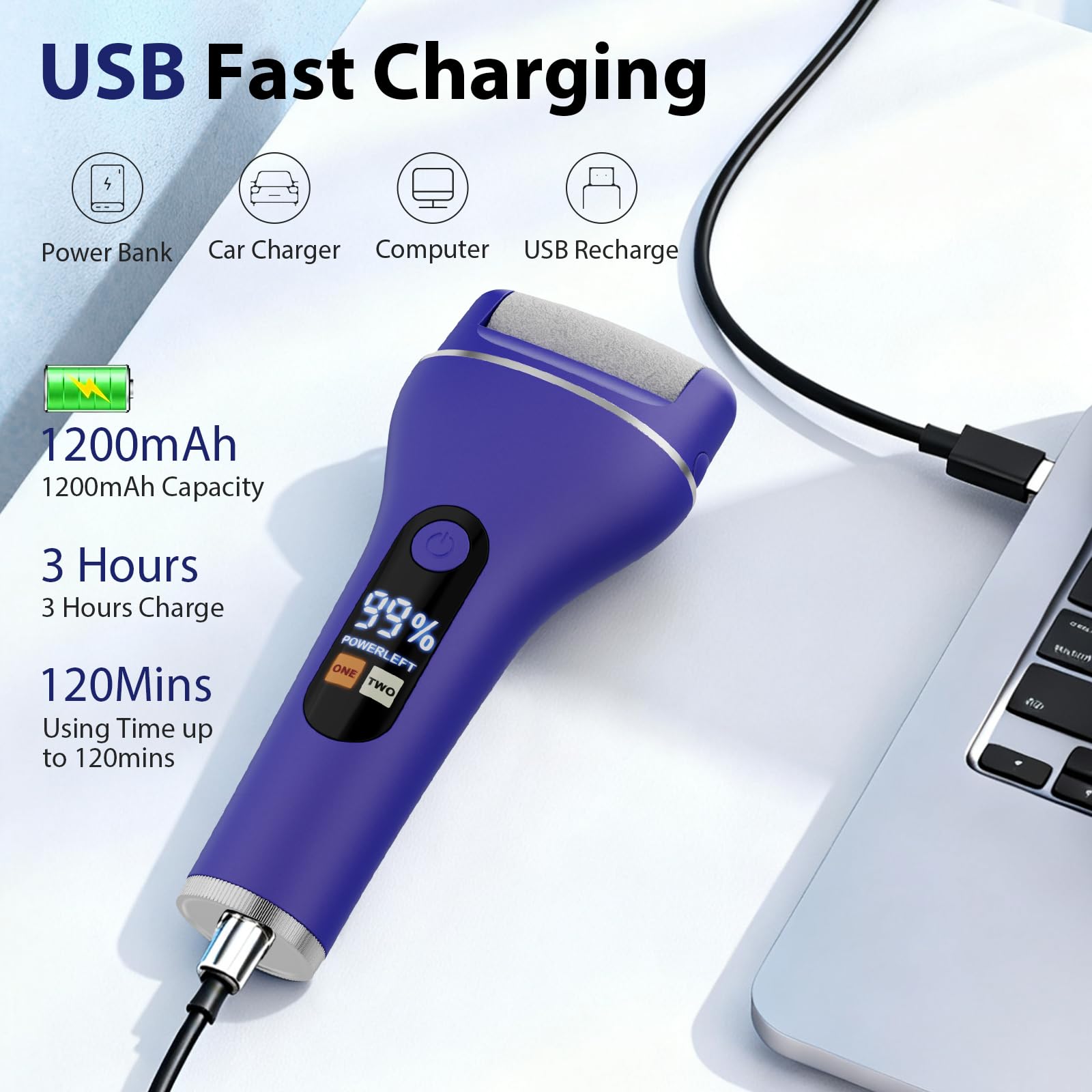 AdamPark Removedor eléctrico de callos para pies con 9 cabezales reemplazables, lima impermeable IPX7 recargable para piel muerta seca y agrietada, exfoliante portátil húmedo y seco (USB-C, azul)