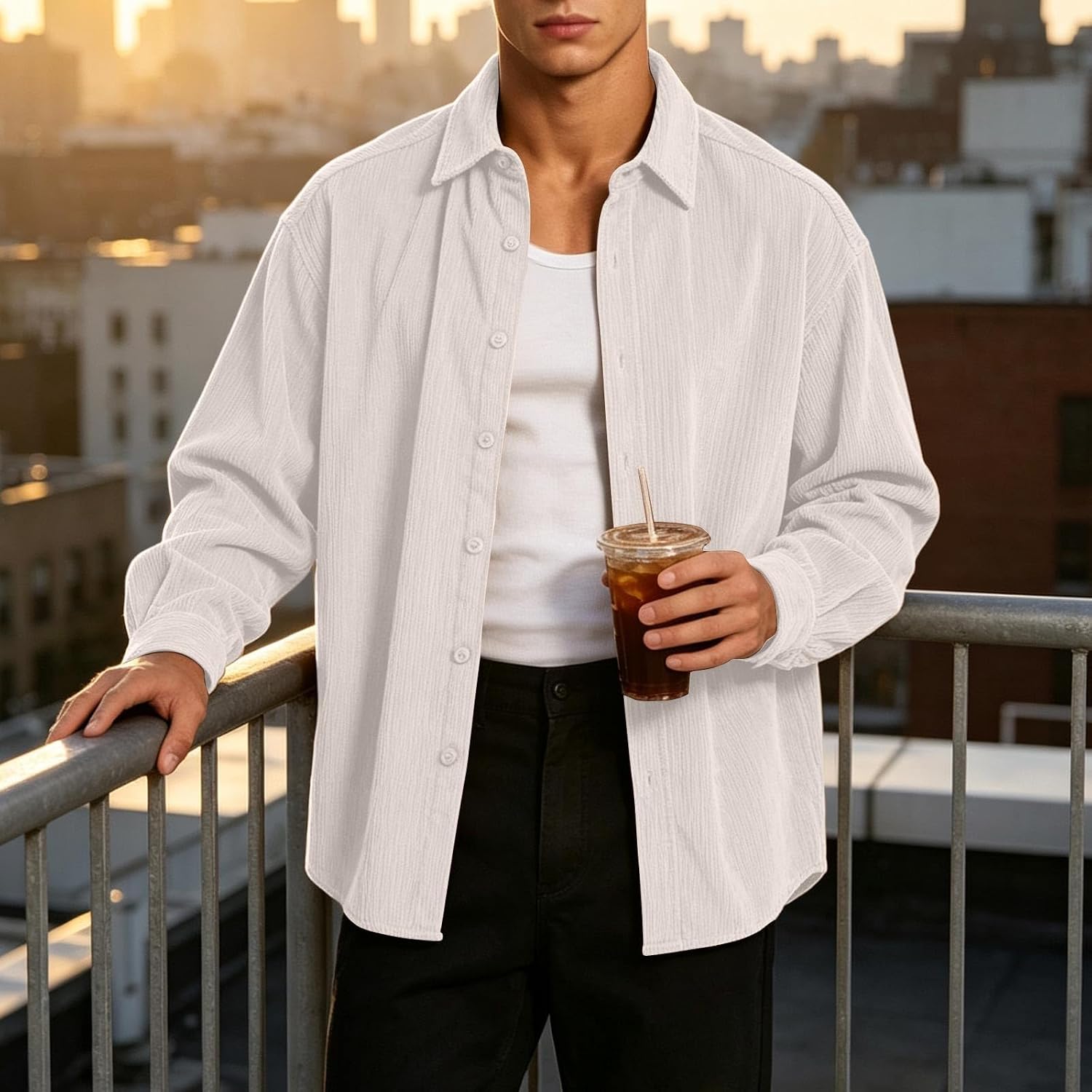 Men Striped Corduroy Collar Shirts Long Sleeve Button Down Shacket