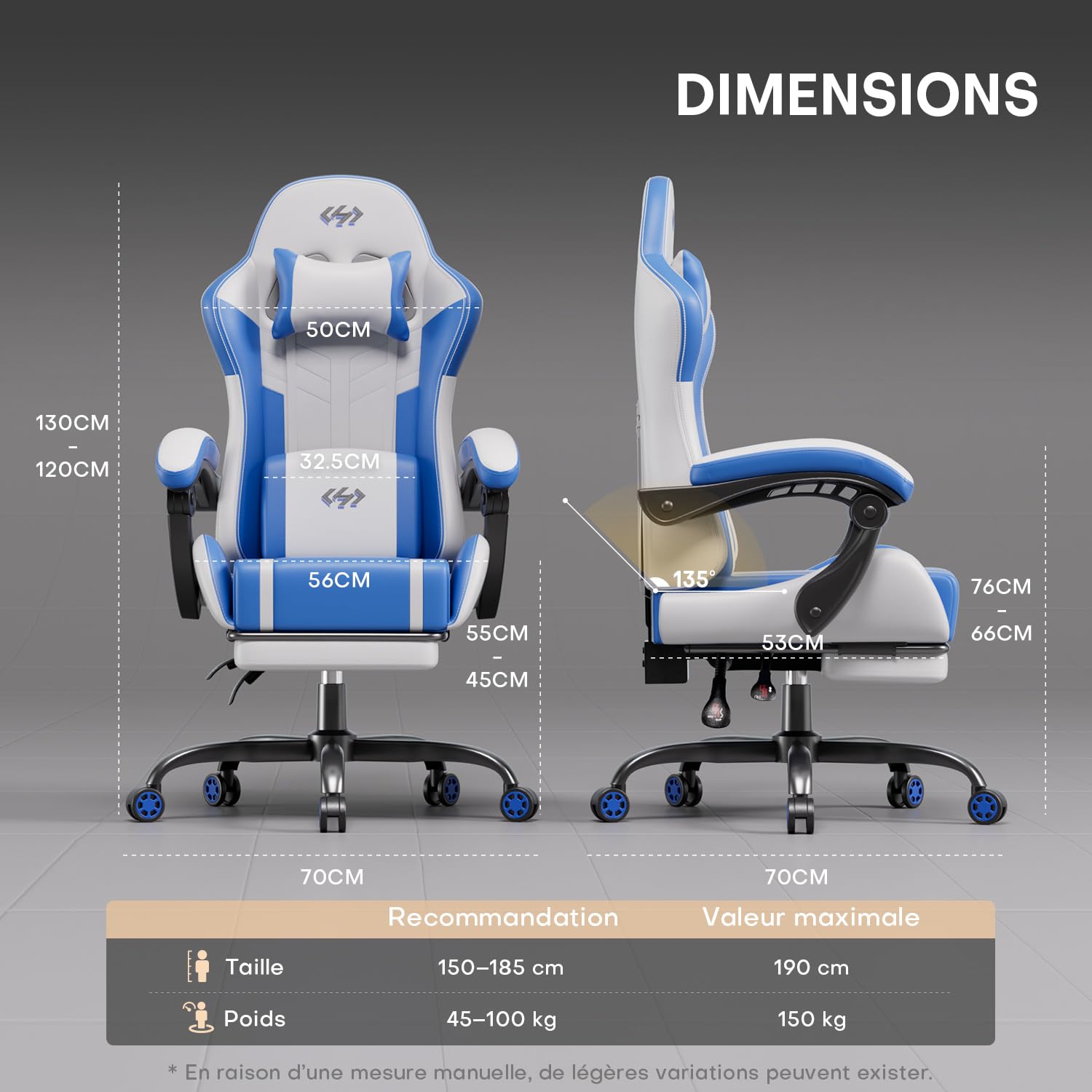 HLFURNIEU Chaise Gaming Massante, Chaise Gamer avec Coussin à Ressorts Ensachés, Fauteuil Gaming avec Coussin Lombaire Massant et Repose-Pieds, Appui-tête, Siège Gaming Blanc et Bleu