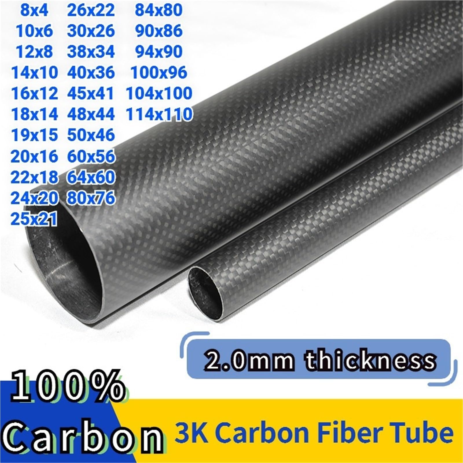 Tubo De Fibra De Carbono Tubo de fibra de carbono de 2,0 mm de espesor | Diámetro exterior 8~114 mm Longitud 500 mm(48x44 Twill Glossy)