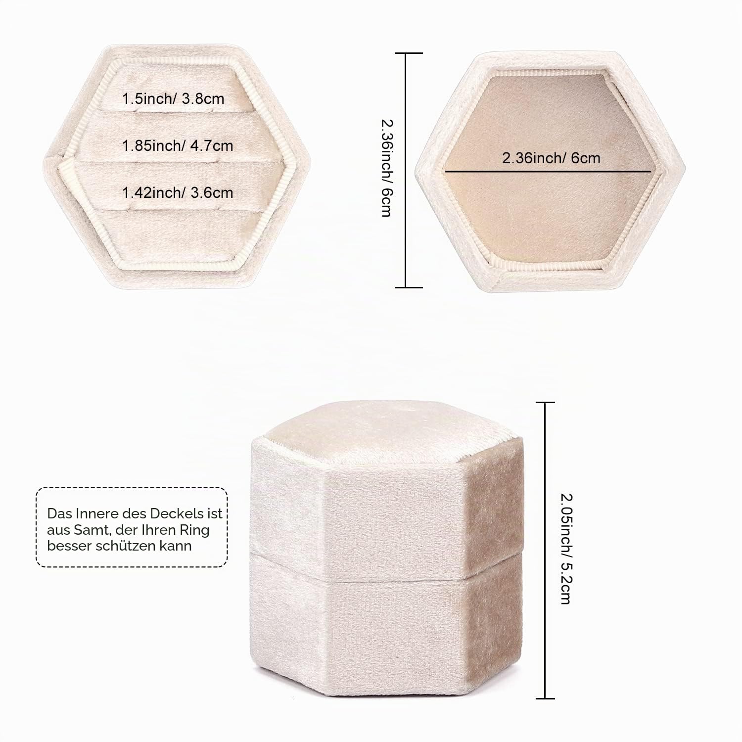 WantGor Samt Schmuck Ring Box, 3 Slots Sechseck Ring Geschenk Box Vintage Ring Display Holder Case für Hochzeit Zeremonie Vorschlag Engagement (Beige)