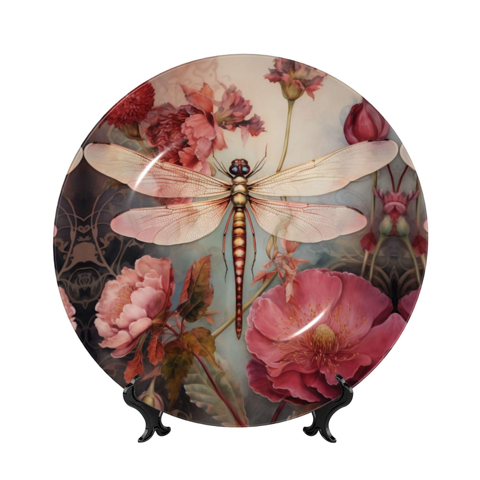 SXZVVBN Dragonfly with Red Flowers Bone China Decorative Plate Art with Stand Removable Adhesive Hanging for Home Office 8in（20cm）