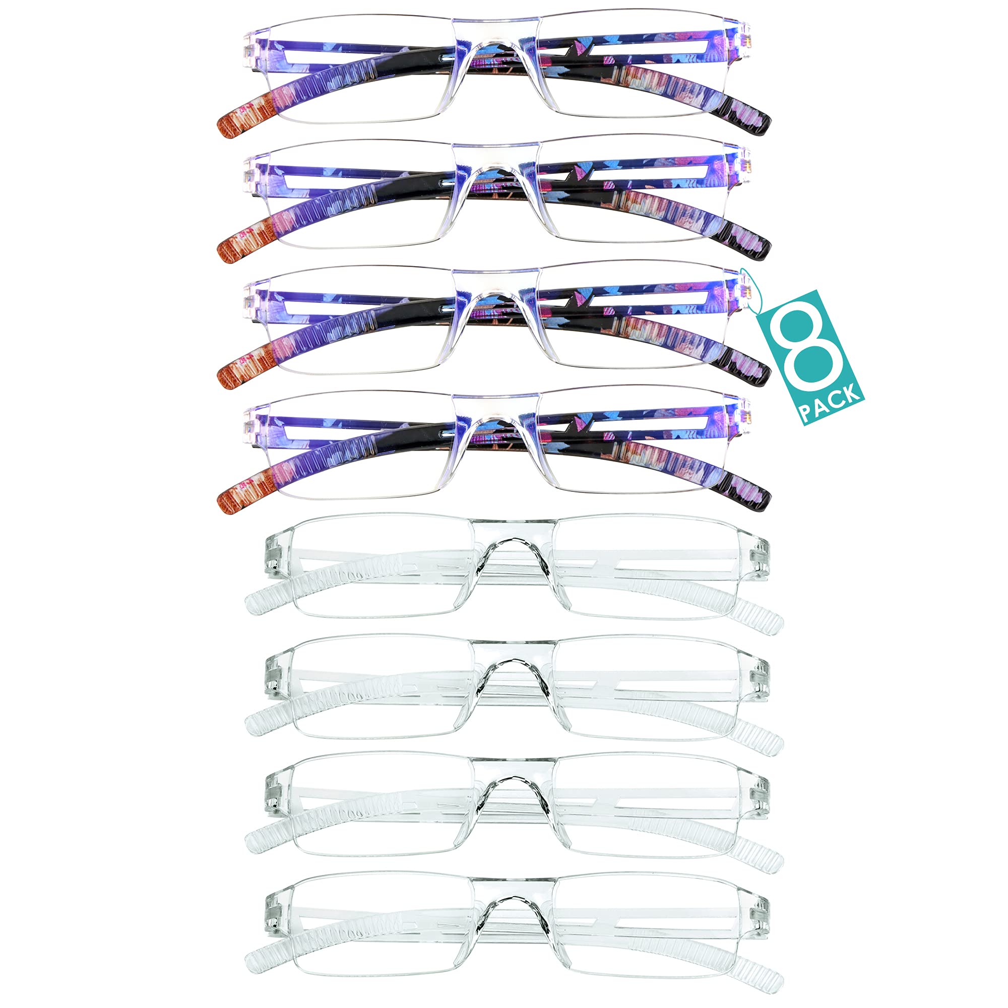 VisionGlobal 8 Pairs Reading Glasses, Blue Light Blocking Glasses, Computer Reading Glasses for Women and Men, Fashion Square Eyewear Frame (4bluefloral+4clear,+2.00 Magnification)