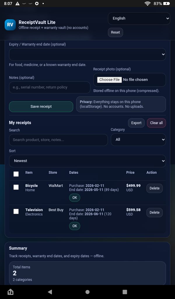 Receipt Vault Lite - Offline Receipt & Warranty Tracker - App on Amazon ...