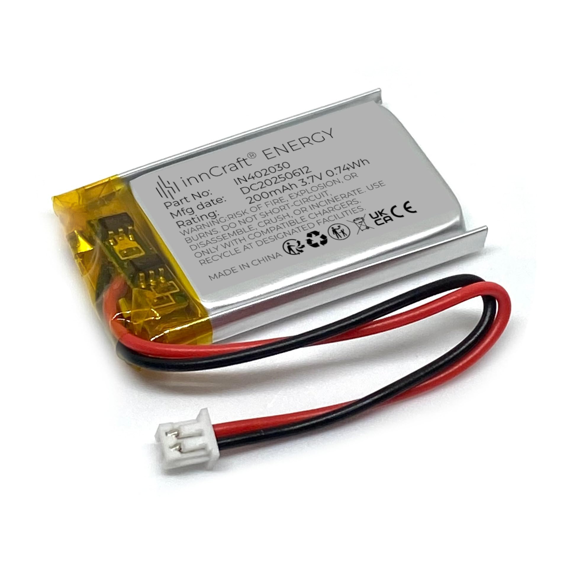 Akumulator Litowo Polimerowy innCraft Energy 200mAh 3.7V, 30x20x4 Model 402030 2P Molex 51021-020 1.25mm konektor