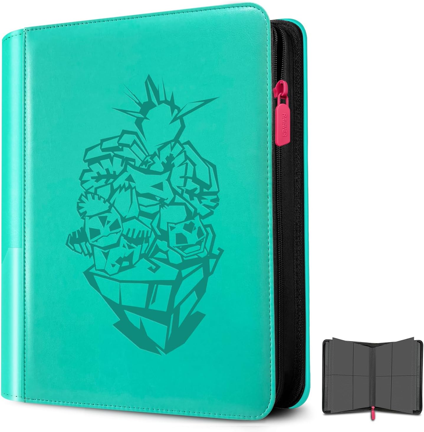 Ravaver Card Binder 4 Pocket, 160 Trading Cards, Label Slot, Green | TCG Card Games Collection Mini Holder Book Folder with Side-Loading Sleeves and Exclusive 3D Embossed Artwork