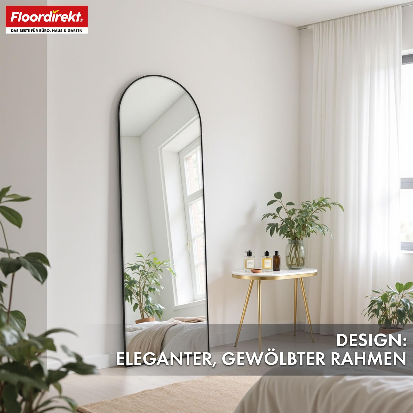 Floordirekt Ganzkörperspiegel, 161 x 52 cm, gewölbter Standspiegel, Rahmen aus Aluminiumlegierung, Hartglas, für Schlafzimmer, Wohnzimmer, Garderobe, schwarz Madison
