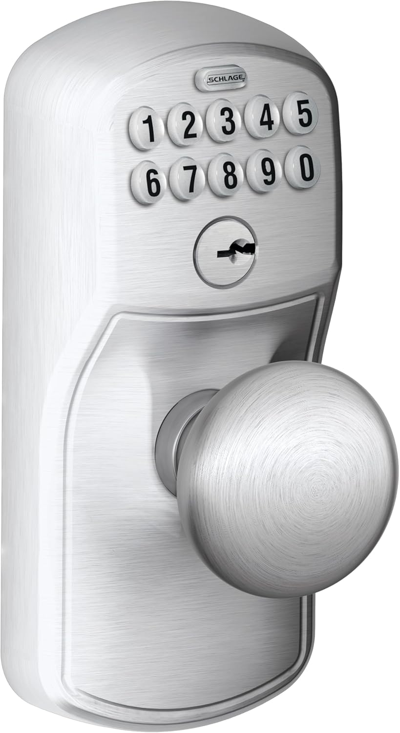 Schlage Plymouth Keypad Lock with Lever Handle, Electronic Keyless Door Entry, Flex Lock Auto‑Lock Option, Satin Chrome, FE595 PLY 626 ELA
