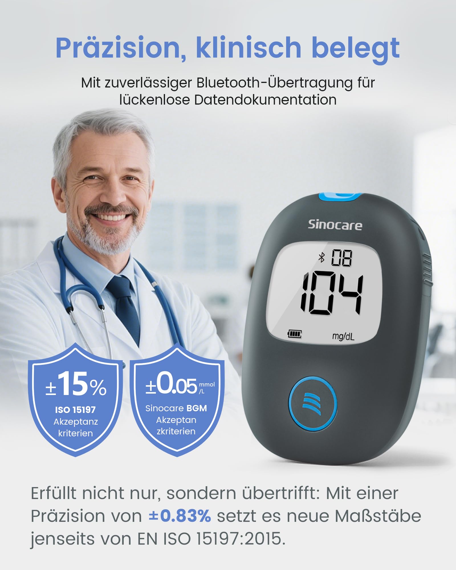 Sinocare Safe AQ Air Blutzuckermessgerät, einfaches und großartiges Blutzuckertest-Set mit Bluetooth und App, mit 100 Teststreifen und Lanzetten, in mg/dl