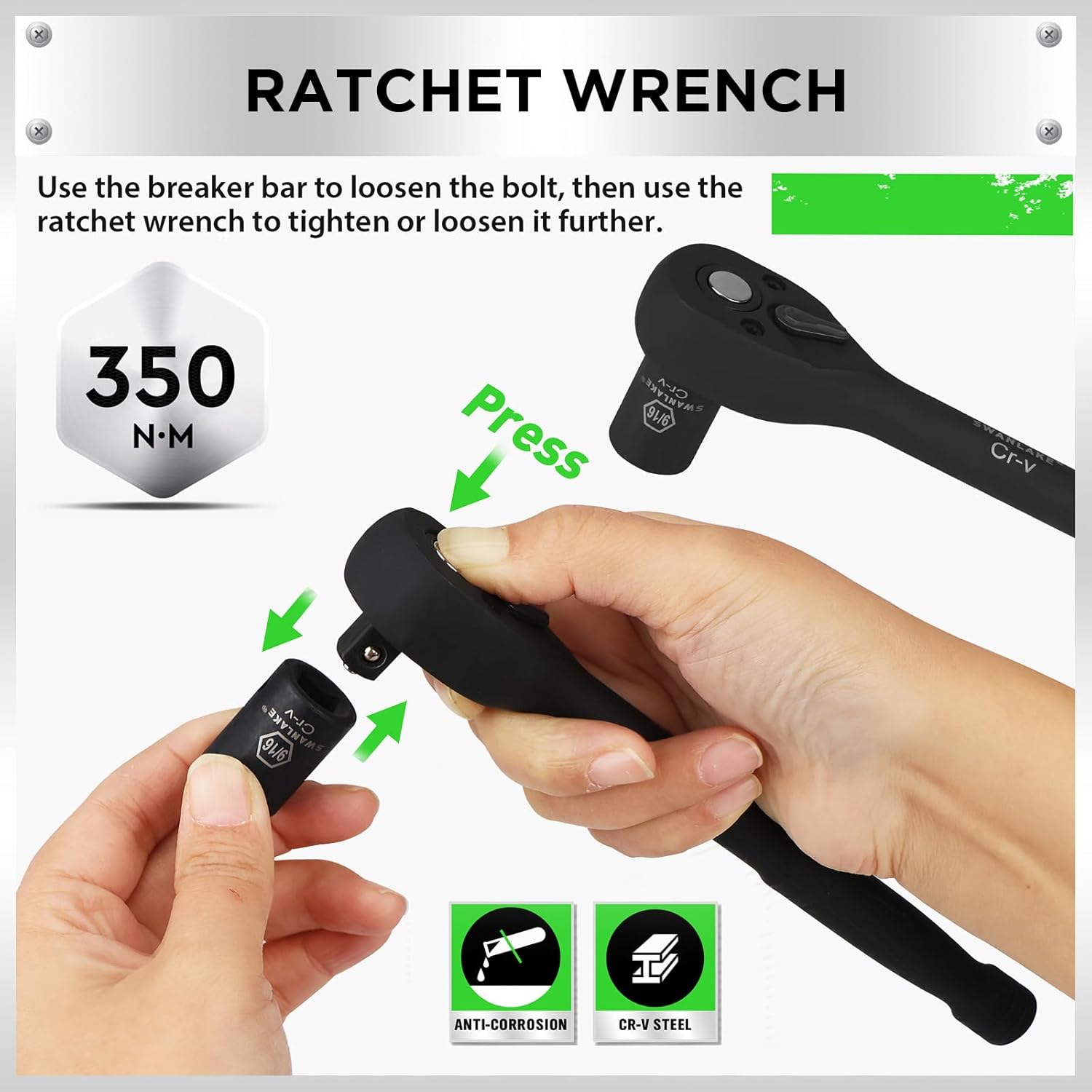 SWANLAKE 3/8'' Drive Impact Socket Set, 50-Piece Standard SAE (5/16 to 3/4 inch) and Metric (8-22mm) Size, 6 Point, Cr-V, 3/8-Inch Ratchet Handle, Extension Bar, Universal Joint