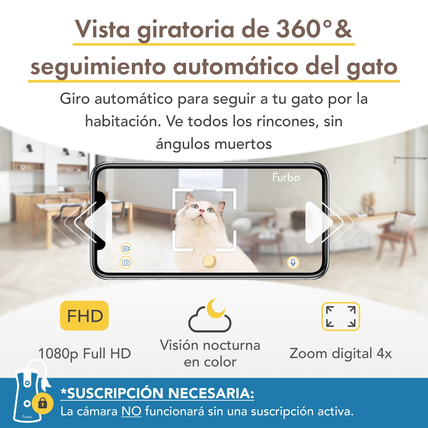 Furbo Cámara para Gatos 360° & App [Suscripción Necesaria para Activar] | Cámara para Gatos 1080p con Visión Nocturna a Color, Audio Bidireccional y Alerta de Maullidos – Lanza Premios desde el Móvil