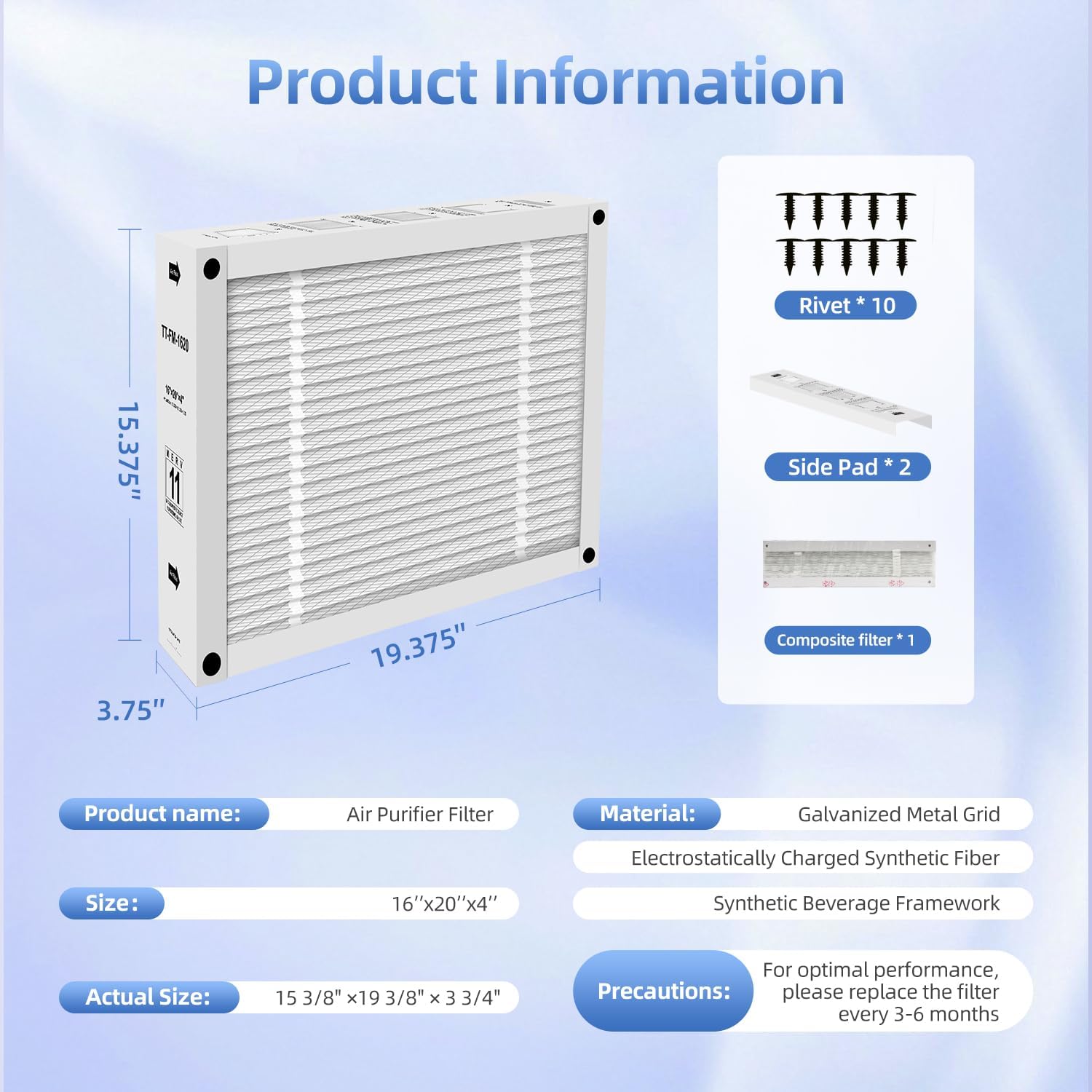 TT-FM-1620 Replacement Air Filter Compatible with TopTech TT-FM-1620QB,For TechPure TT-MAC-1722 16x20x4 Collapsible (2-PACKS)