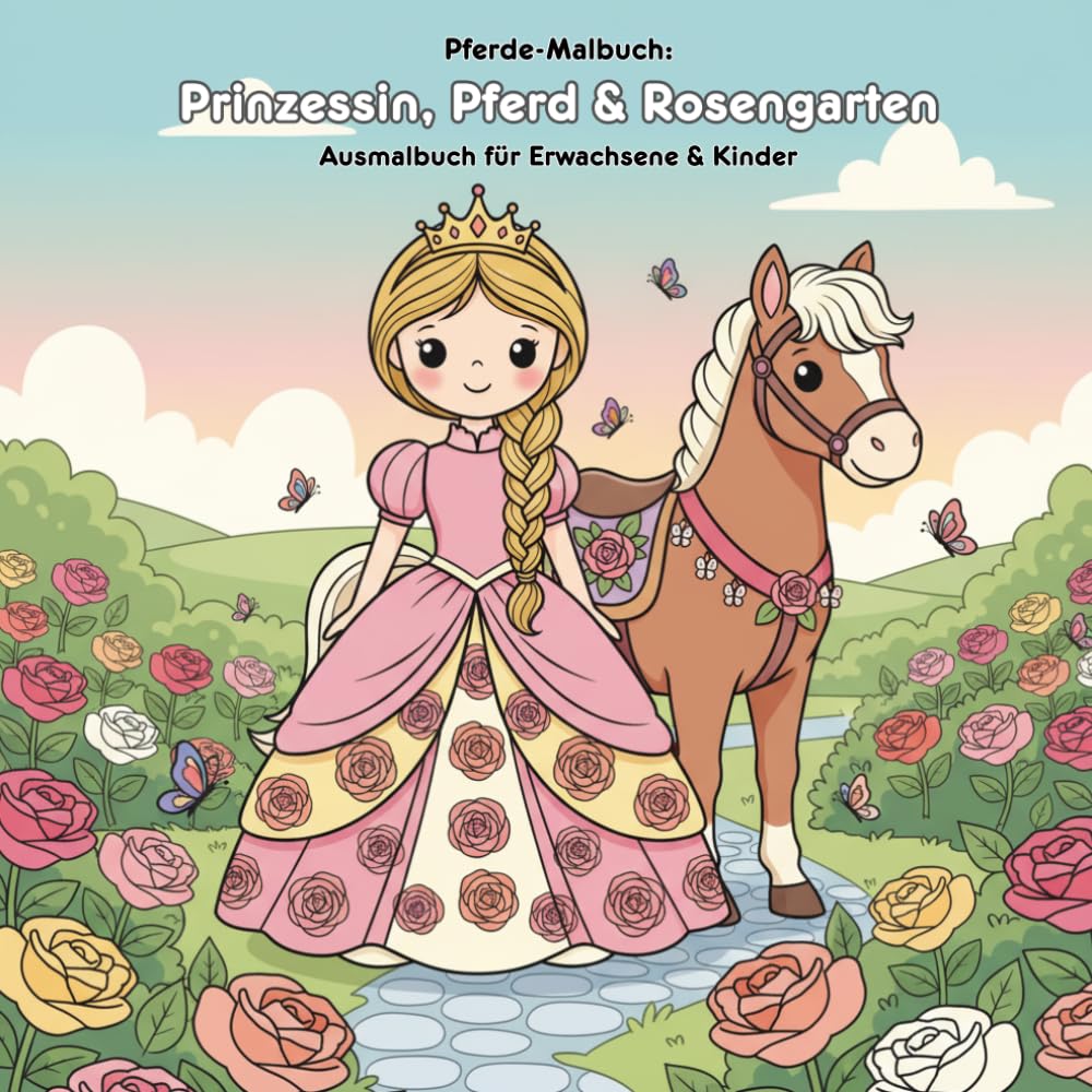 Prinzessin, Pferd & Rosengarten: Geschichte & Malbuch: Für Erwachsene & Kinder: 36 Ausmalbilder (21.59x21.59 cm) – Prinzessin, Pferd & Blütenzauber