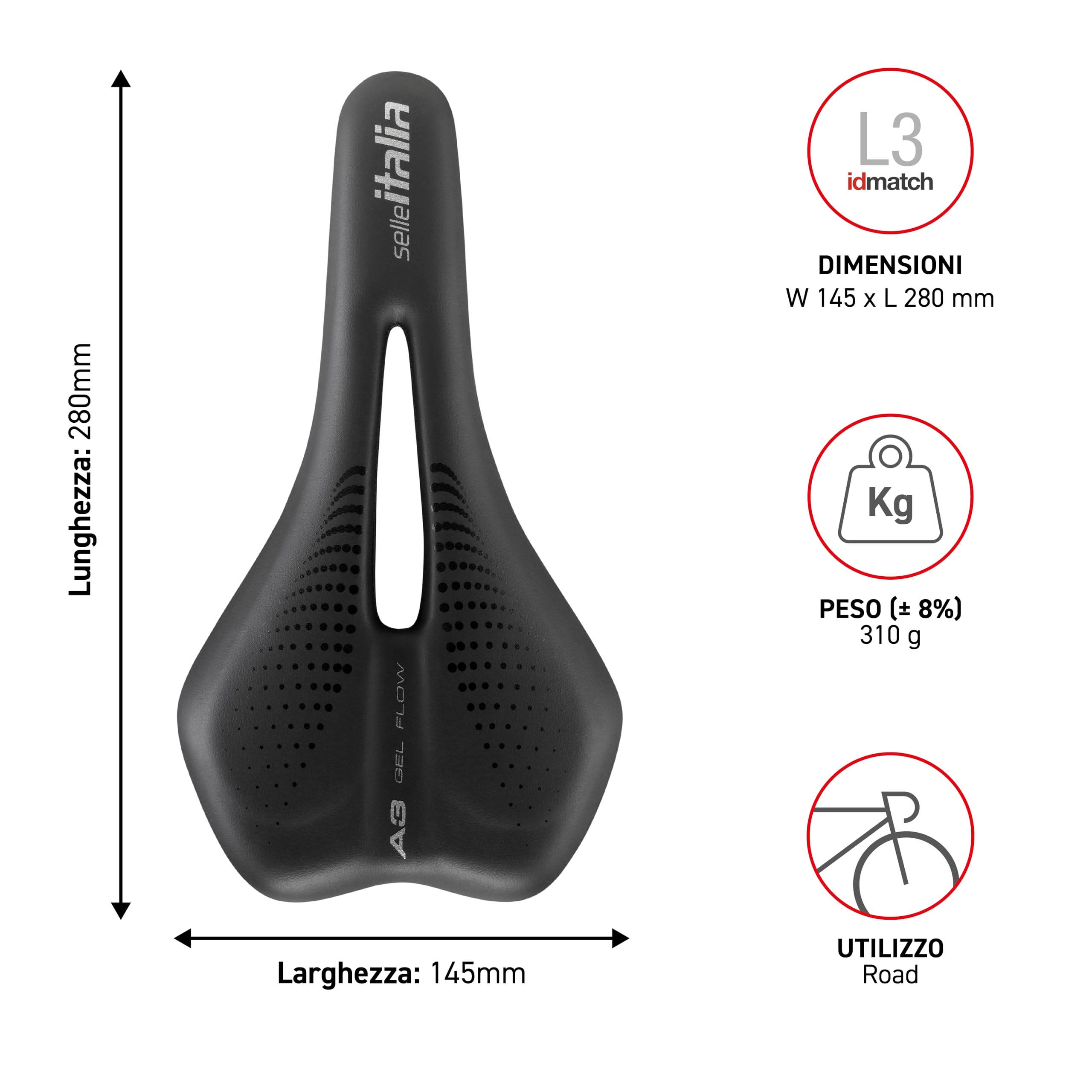Selle Italia A3 - Sella Bici da Strada Comoda, Imbottitura in Gel, Foro Anatomico Flow, Impermeabile ed Ergonomica