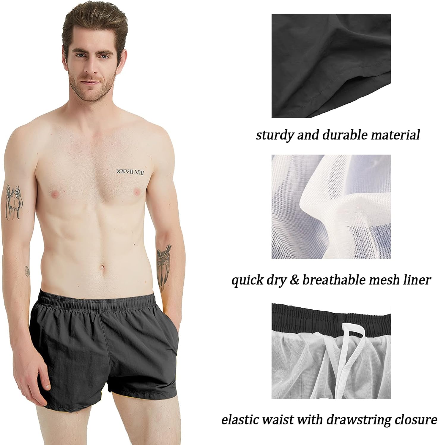 3 Inch Mens Swim Shorts Quick Dry Short Dark Grey Swim Trunks for Men Summer Suits M - Image 4