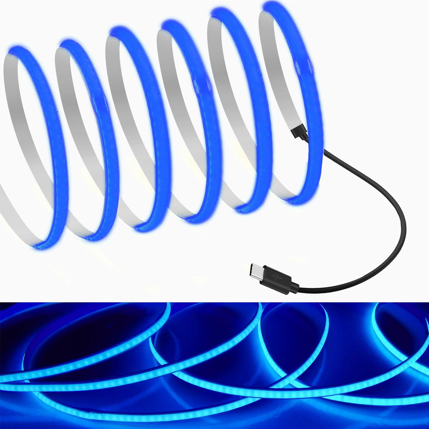 MDee】Type C COB Tape Light LED Strip.9.84ft/3m- Flexible 5mm Hidden DC 5V LED Tape with 320 LEDs/m for Blue Lighting. Cuttable, Shapeable, Type C Powered. Ideal for Kitchen