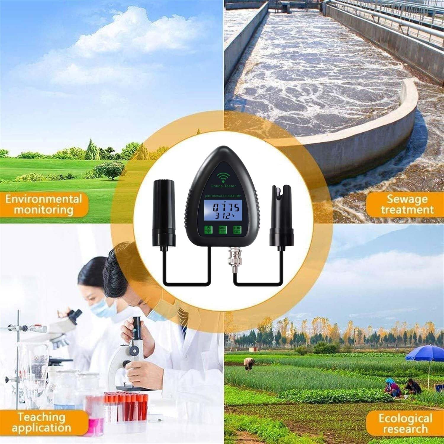 Misuratore della qualità dell'acqua del pH, tester 5 in 1 con monitoraggio APP per pH, TDS, sale, S.G e temperatura, ideale per acquari, laghetti di pesce e piscine di acqua salata