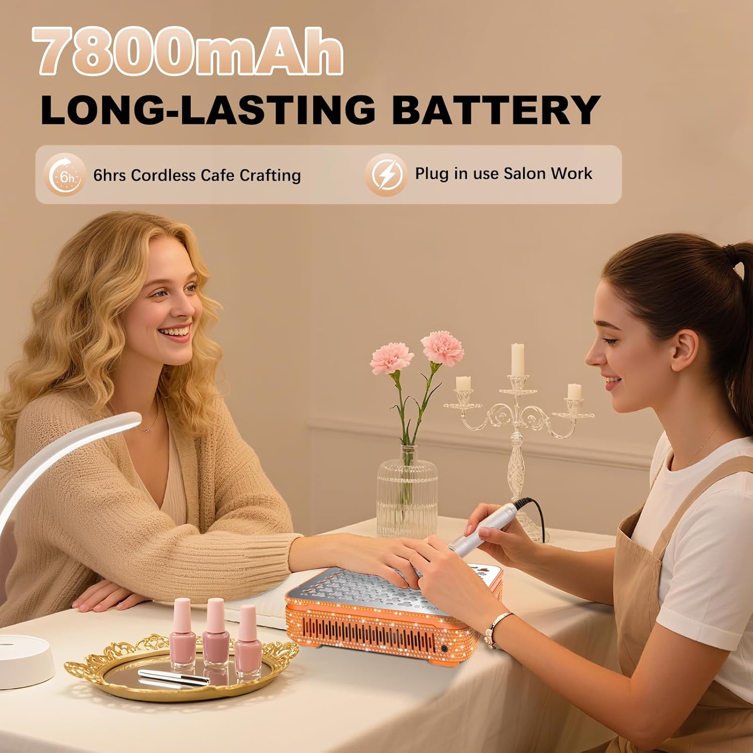 Nail Dust Collector | 1000PA Professional Nail Dust Collector | 10 Speed Levels| Low Noise & Strong Suction| Reusable Filter, 10 Pads + Nail Dust Brush| for Acrylic Nails, Salon & Home -Orange Diamond