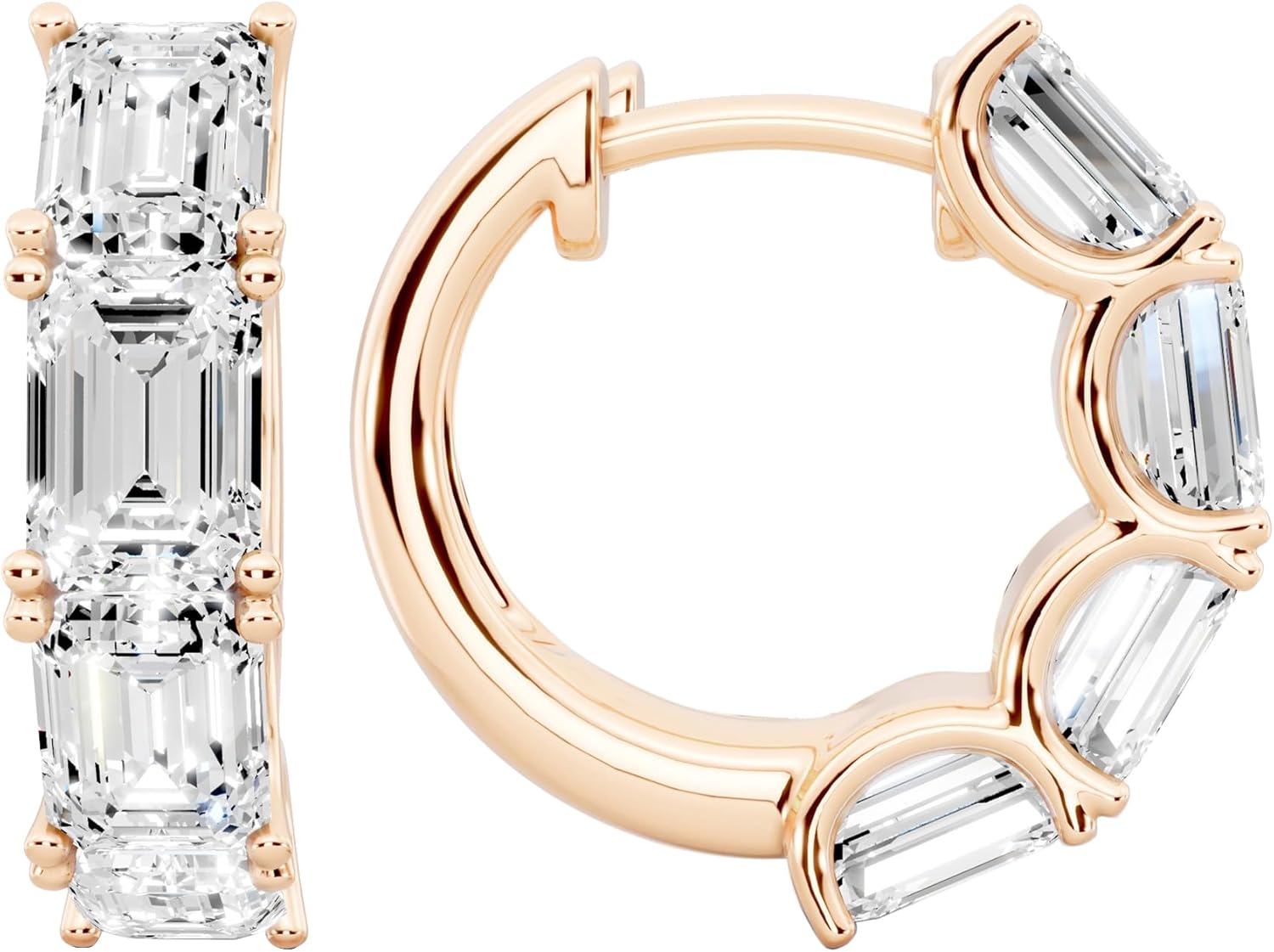 3.6 Cttw Emerald Cut Moissanite Huggie Earrings for Women in 14K Gold Plated 925 Sterling Silver Dainty Hoop Earrings Lab Created Moissanite D Color VVS1 Clarity, Jewelry Gift for Her Hoop 15mm