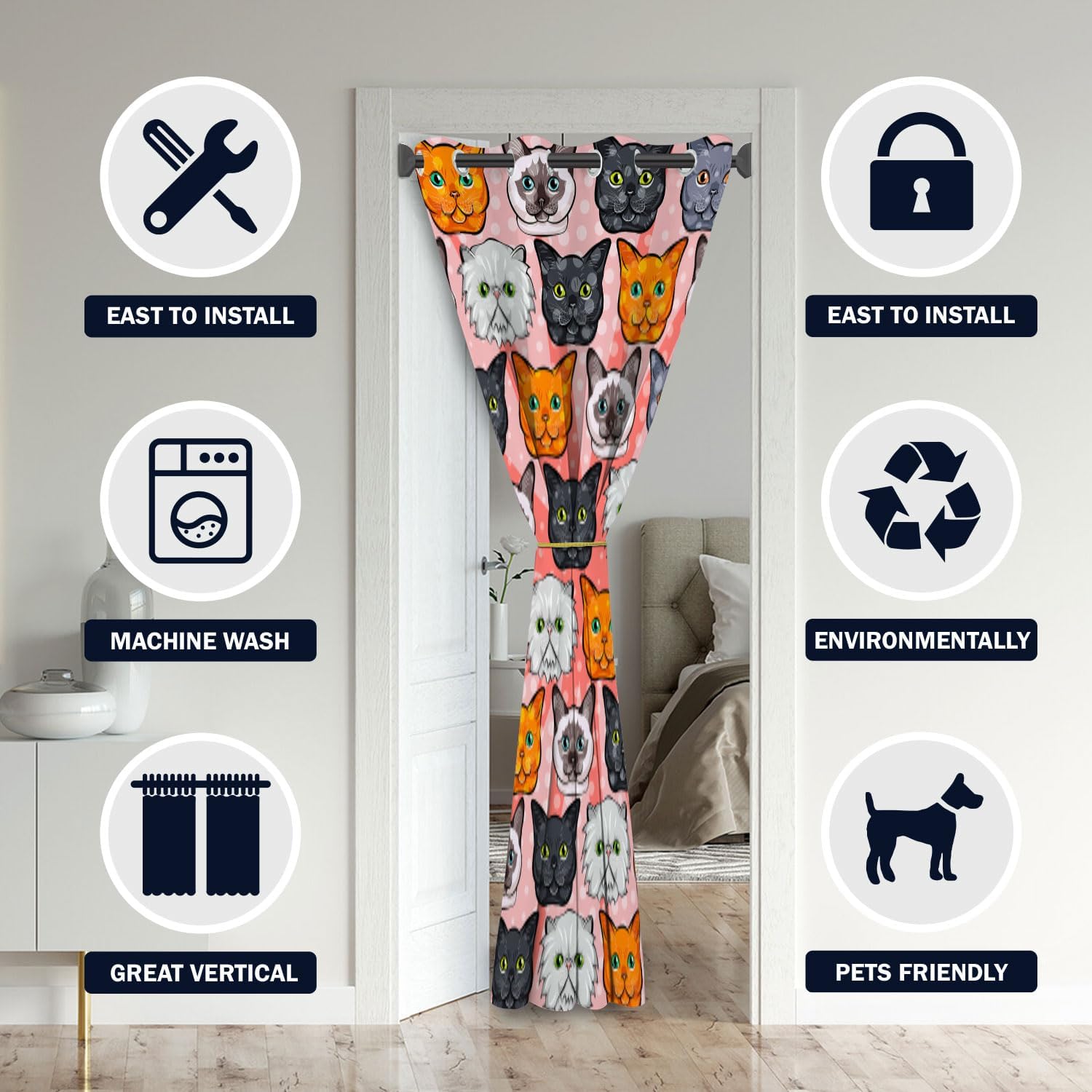 Cat Door Curtains for Doorways, Animal Funny Cute Kitty Hilarious Blackout Curtain for Kids Bedroom Closet, Grommet Thermal Insulated Privacy Door Drapes for Room Divider, 59" W x 80" L