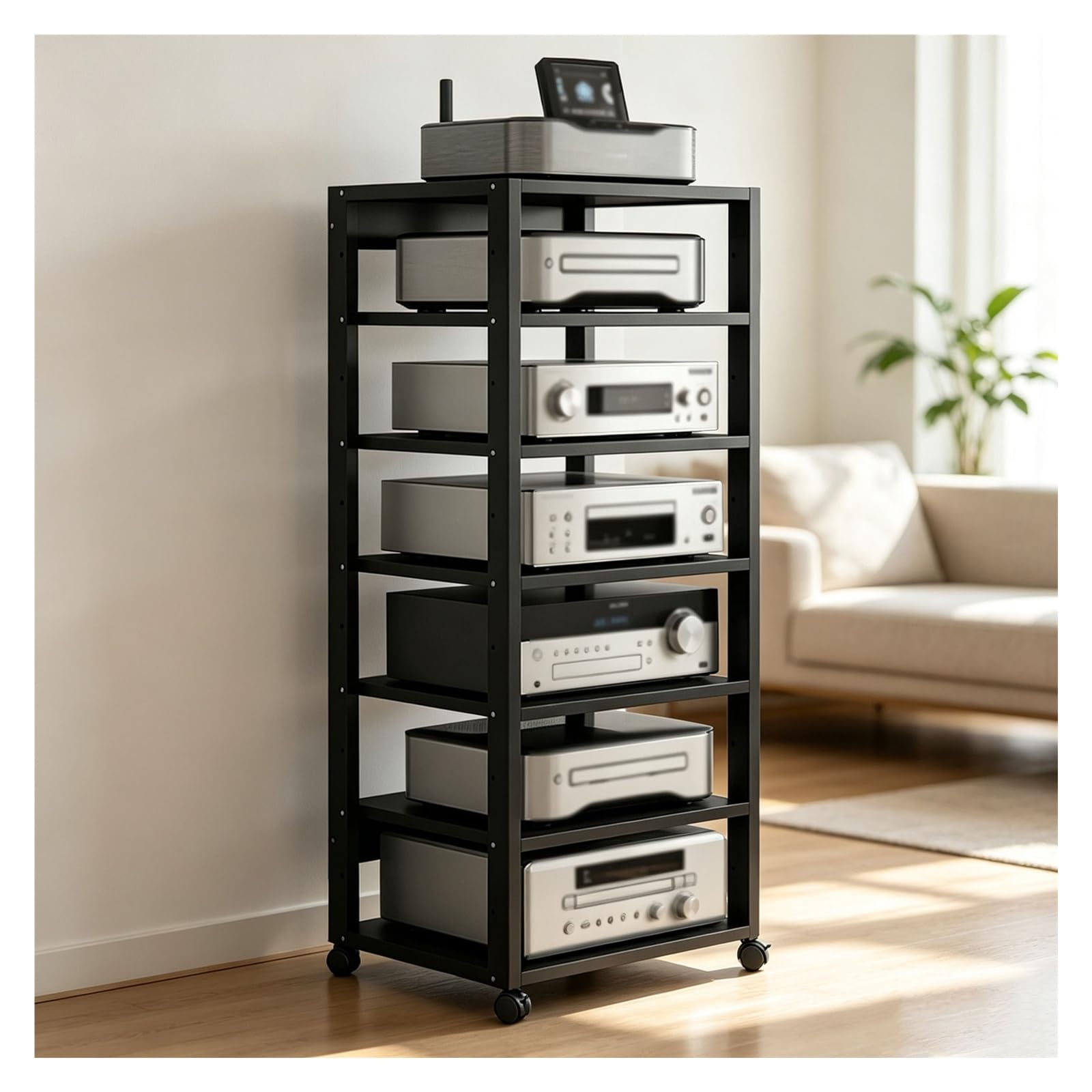 Estante for componentes de Audio de Alta Resistencia, Estante móvil for Multimedia con Ruedas, Soportes y Racks for Equipos de Sonido, Ideal for Salas de Juegos, grabación(Negro)