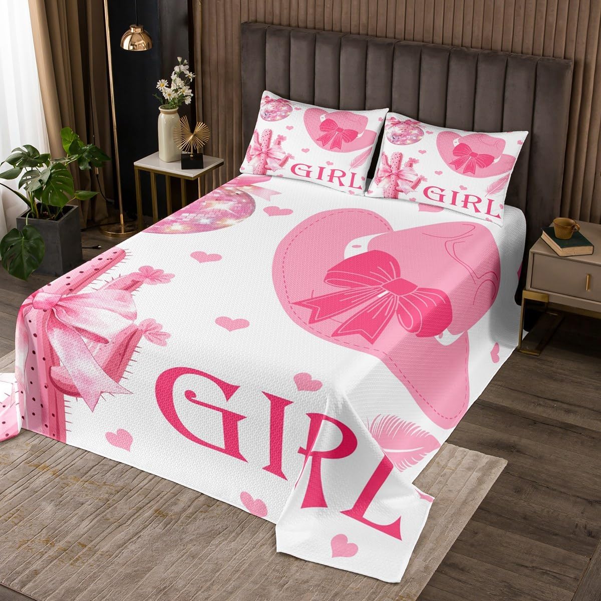 Erosebridal Girls Bowknot Bedspread Set King,African Pink Cactus Bed Set,Western Cowgirl Coverlet Set,Disco Ball Love Heart Bedding Set