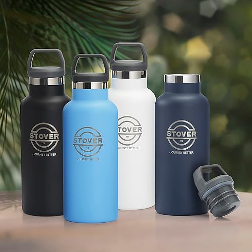 Miniatura 7 de STOVER Botella de agua aislada, acero inoxidable de 16 onzas, doble pared, al vacío, boca ancha, tapa giratoria a prueba de fugas, ideal para