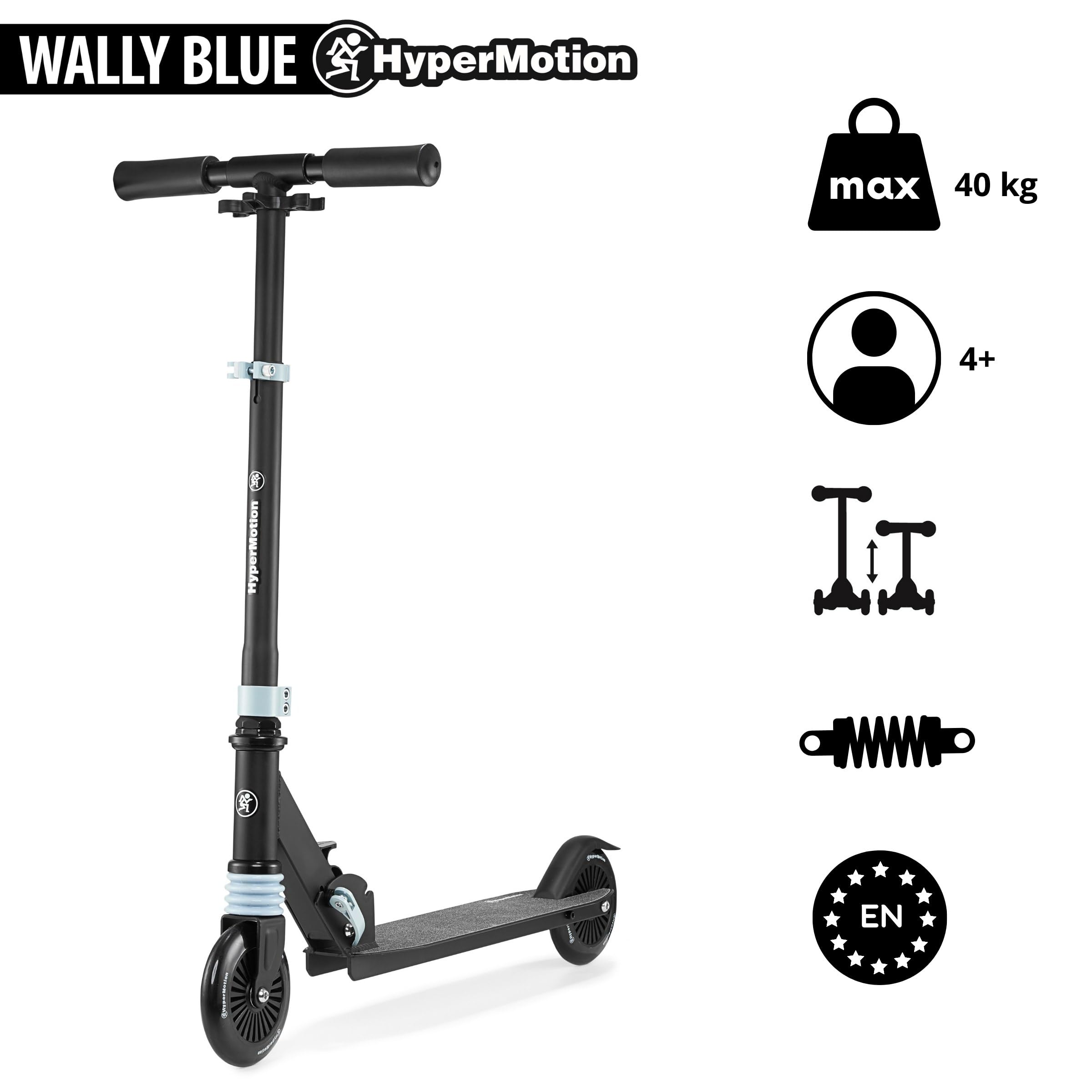 HyperMotion Monopattino Bambini Pieghevole, Modello Wally a Spinta con Ammortizzatore Anteriore, Manubrio Regolabile e Ruote 125 mm, Monopattino 2 Ruote per Bambini 4+ Anni, Nero e Blu