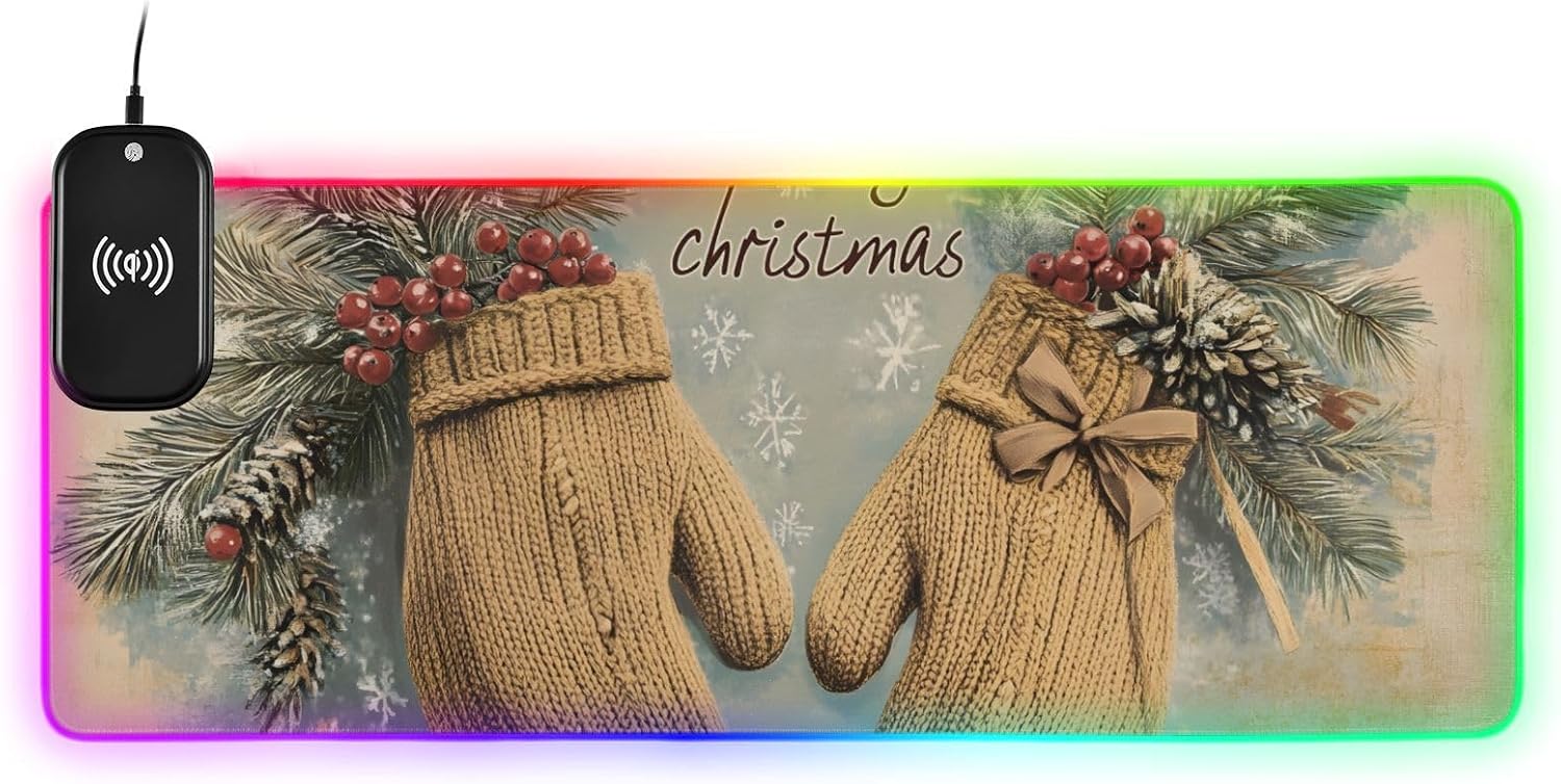 Gloves of Christmas Mouse Pad for Gaming with Wireless Charging, Extended LED Mousepad with 14 Light Effects Medium