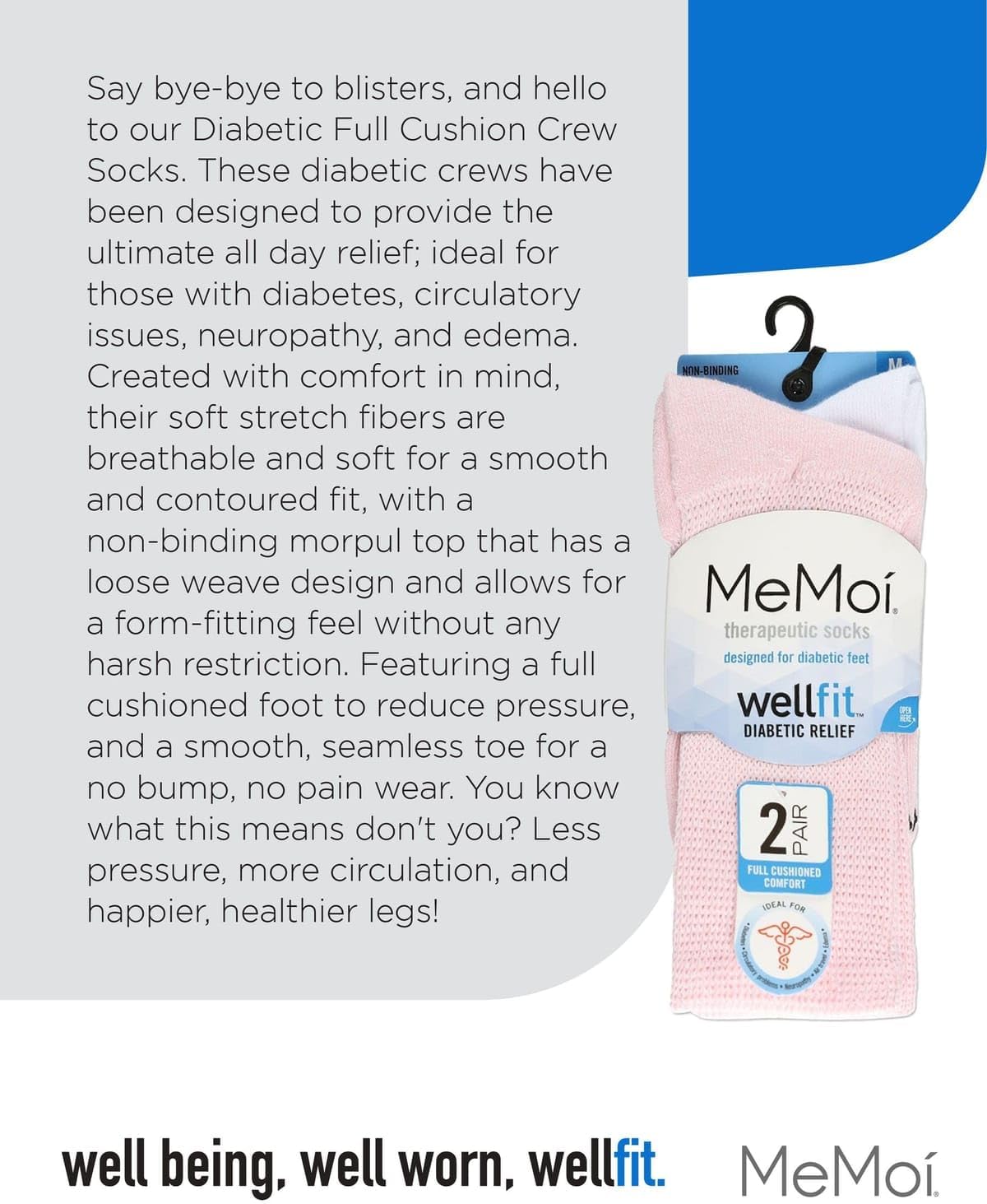 MeMoi Wellfit 2 Pair Unisex Diabetic Full Cushion Crew Socks