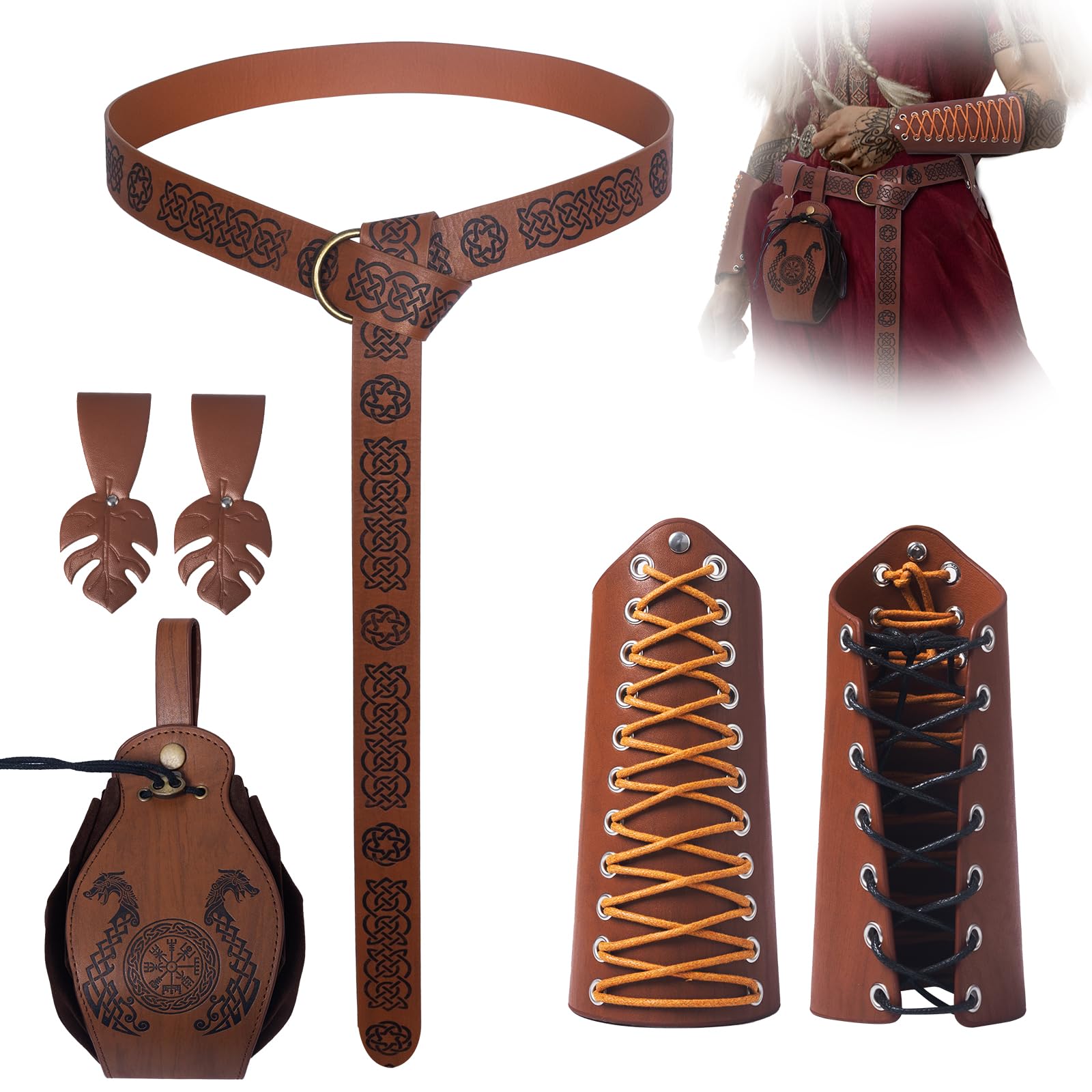 LLTTEER Set di accessori medievali per Halloween, con fascia medievale, fascia medievale, cintura vintage per cosplay, costume da strega e cavalieri rinascimentale (Marrone)