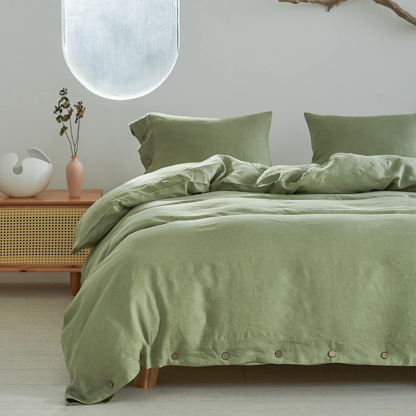 Simple&Opulence 100% Linen Duvet Cover Set 3pcs with Coconut Button Closure Natural French Washed Flax Solid Color Soft Breathable Farmhouse Bedding - Sage Green, King Size