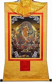 Pintura en rollo de seda, rollo de arte chino, Manjusri, Buda de la sabiduría, arte de pintura tibetano Thangka, tapiz de Buda con rollo, tipo negro (color: azul, tamaño: pequeño (35 cm * 27 cm)) ( co