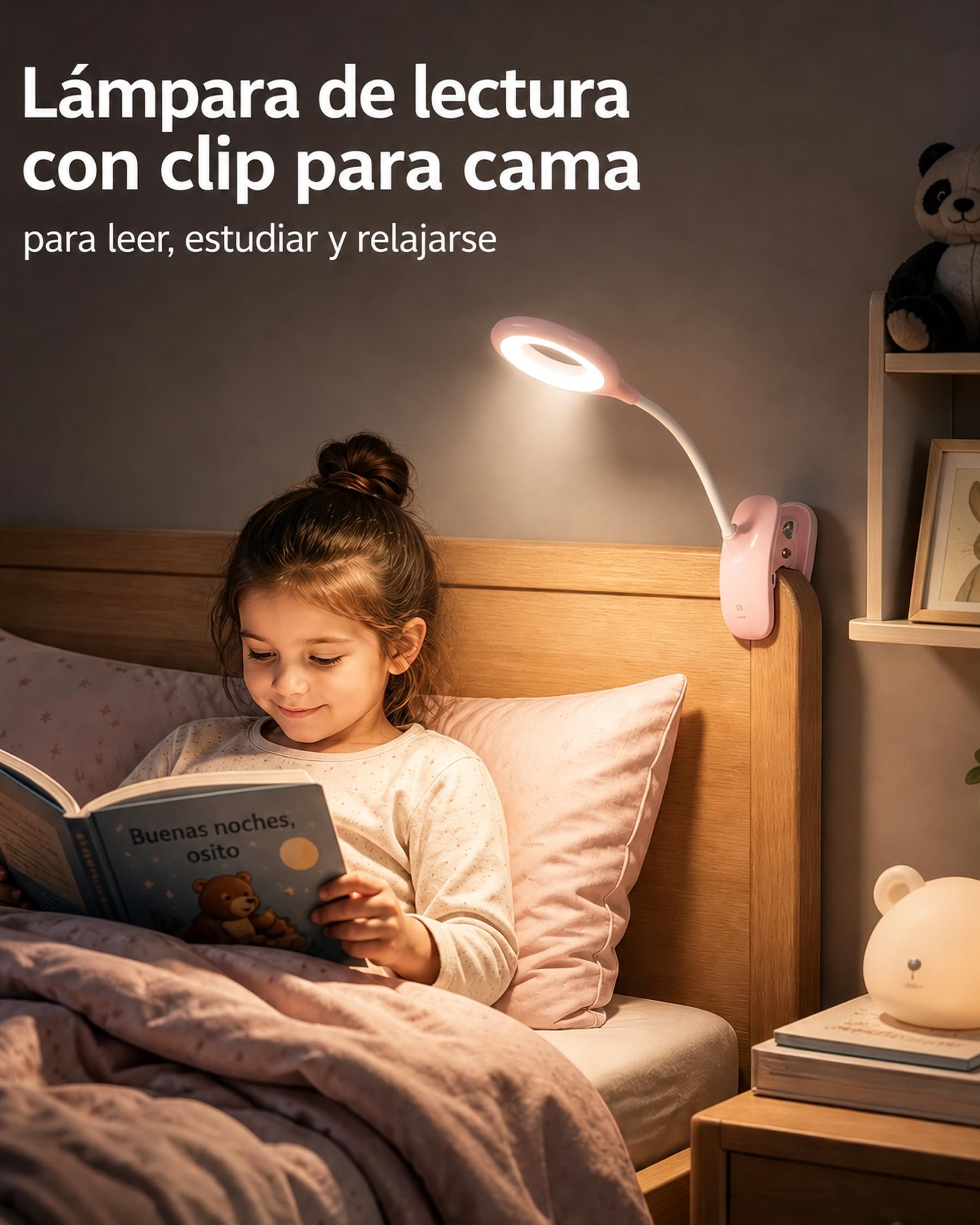 Lámpara LED de Escritorio con Pinza para Niños, Luz de Lectura Recargable USB, 3 Modos de Luz, Cuello Flexible 360°, Batería 2200mAh, para Estudiar, Leer en Cama y Trabajar, Rosa
