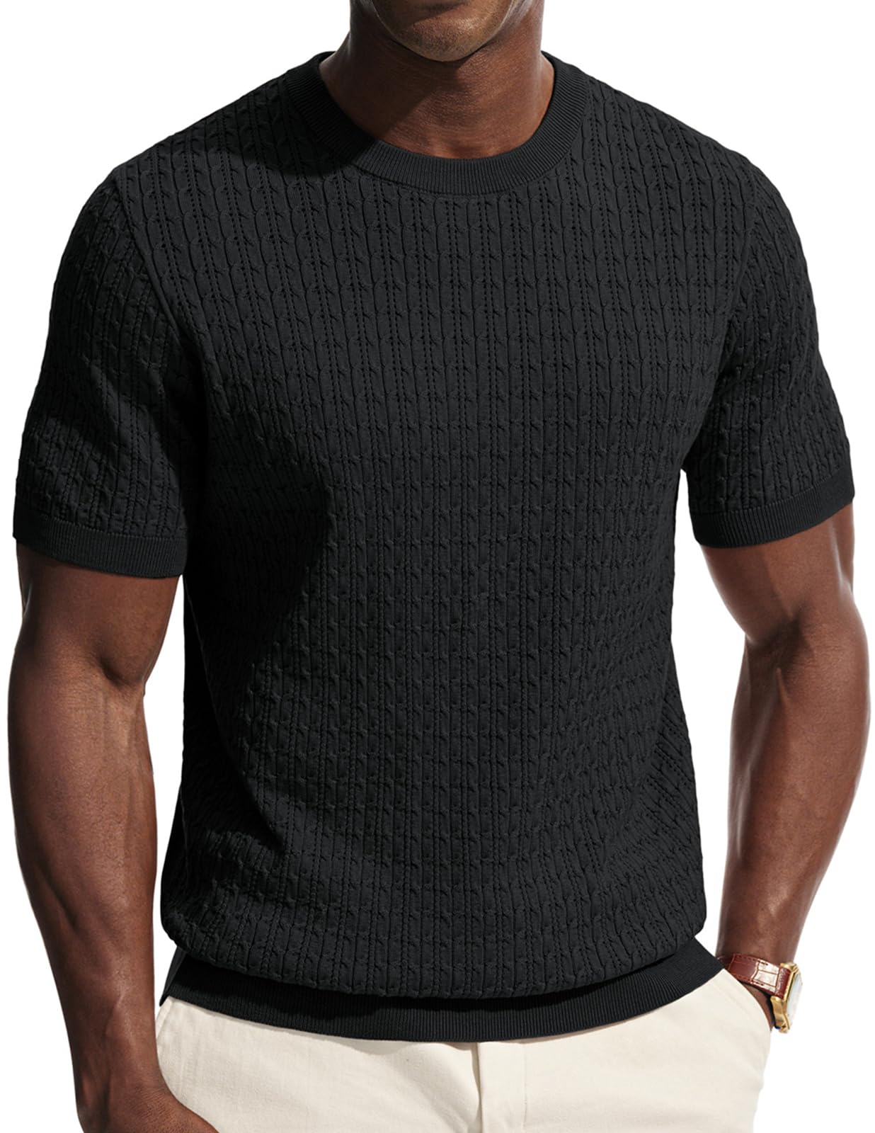 PJ PAUL JONES Mens T-Shirts Short Sleeve Textured Knit Shirt Casual Hollow Out Tee Shirts Crewneck Pullover Tees