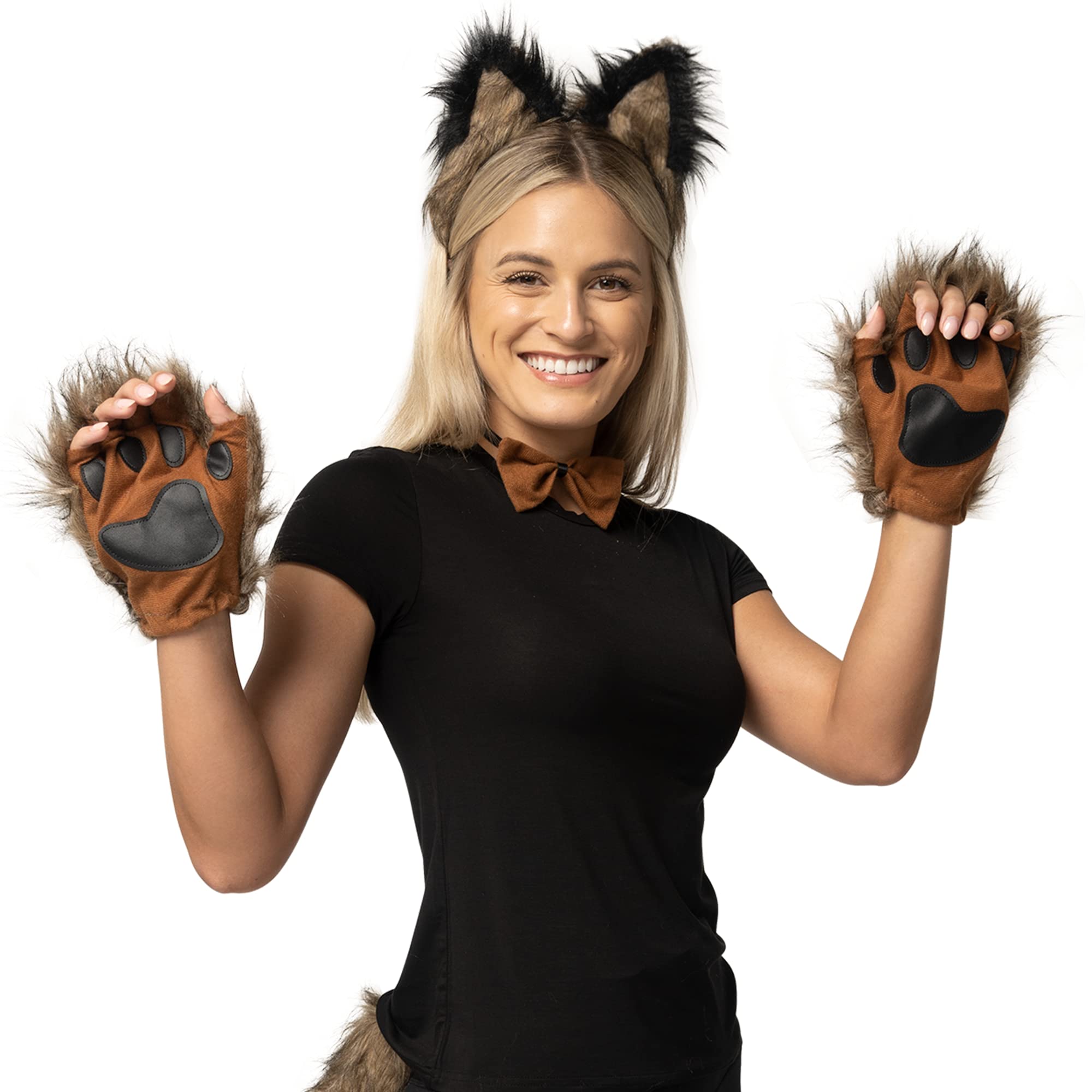 Spooktacular Creations Brown Wolf Ears Tail bow tie and Gloves Set - Image 3