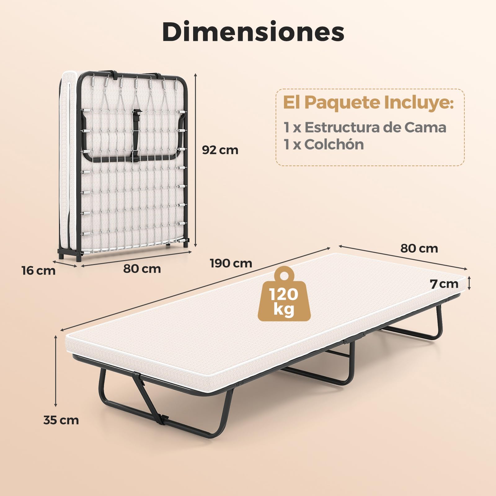 COSTWAY Cama Plegable 80 x190 cm, Cama Supletoria Plegable con Colchón de Espuma Viscoelástica, Estructura Metálica, Ahorra Espacio, Cama Individual Portátil para Camping Hogar