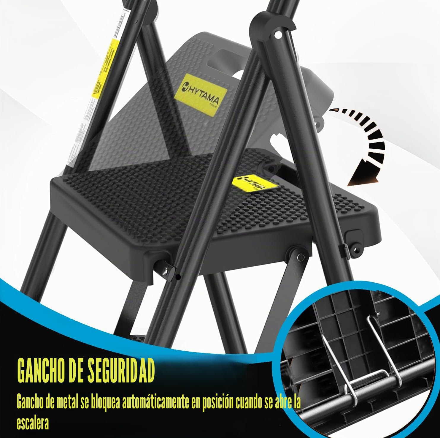 HYTAMA TOOLS Escalera Plegable 3 Peldaños, Estructura de Acero con Pies Antideslizantes, Capacidad de Carga Probada hasta 250kg, Negra