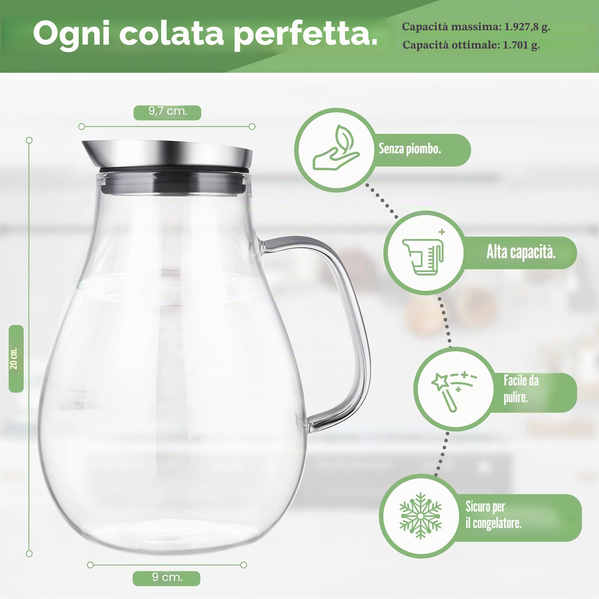 SUSTEAS Caraffa in vetro da 2 litri con coperchio e beccuccio, caraffa per acqua, brocca da tè ghiacciata, per bevande casa/tè ghiacciato/latte/caffè/vino di servizio