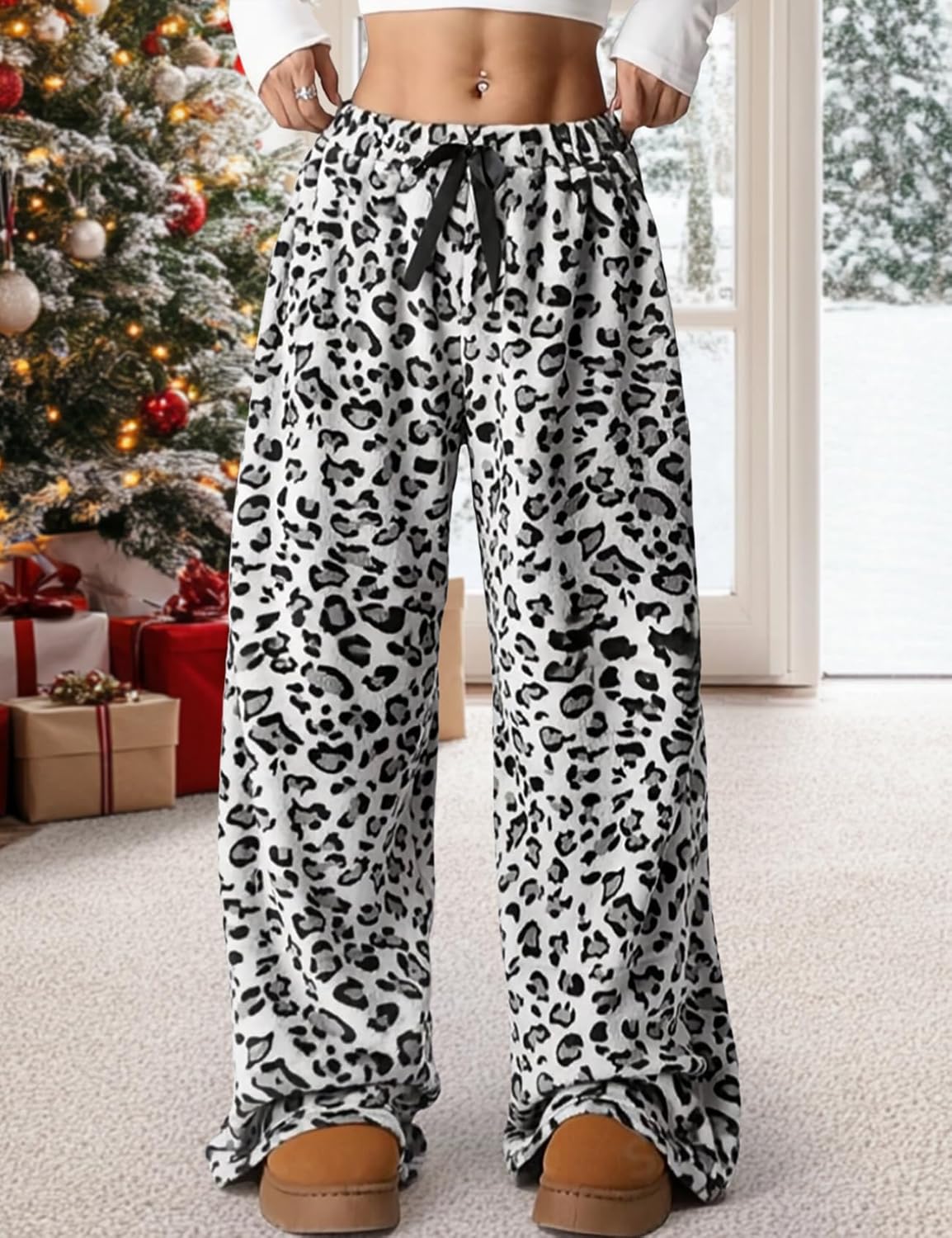 Arssm Women's Fuzzy Pajama Pants Plush Elastic Waist Wide Leg Leopard Pajama Bottoms Fluffy Pants - Image 3