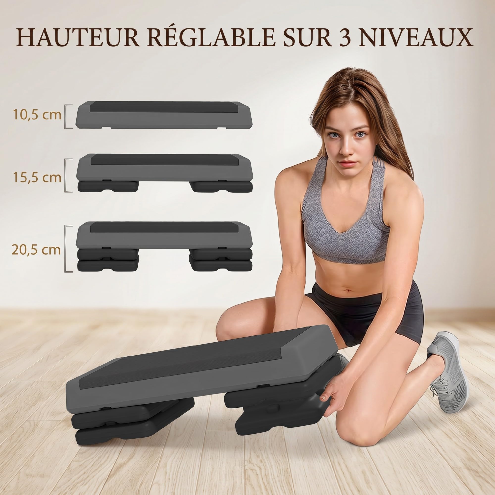 SPORTNOW Stepper Fitness Aérobic 3 Niveaux, Surface Antidérapante, Hauteur Réglable 10,5/15,5/20,5 cm, Step d'exercice pour Salle de Sport et Maison, Charge Max 250 kg, Gris