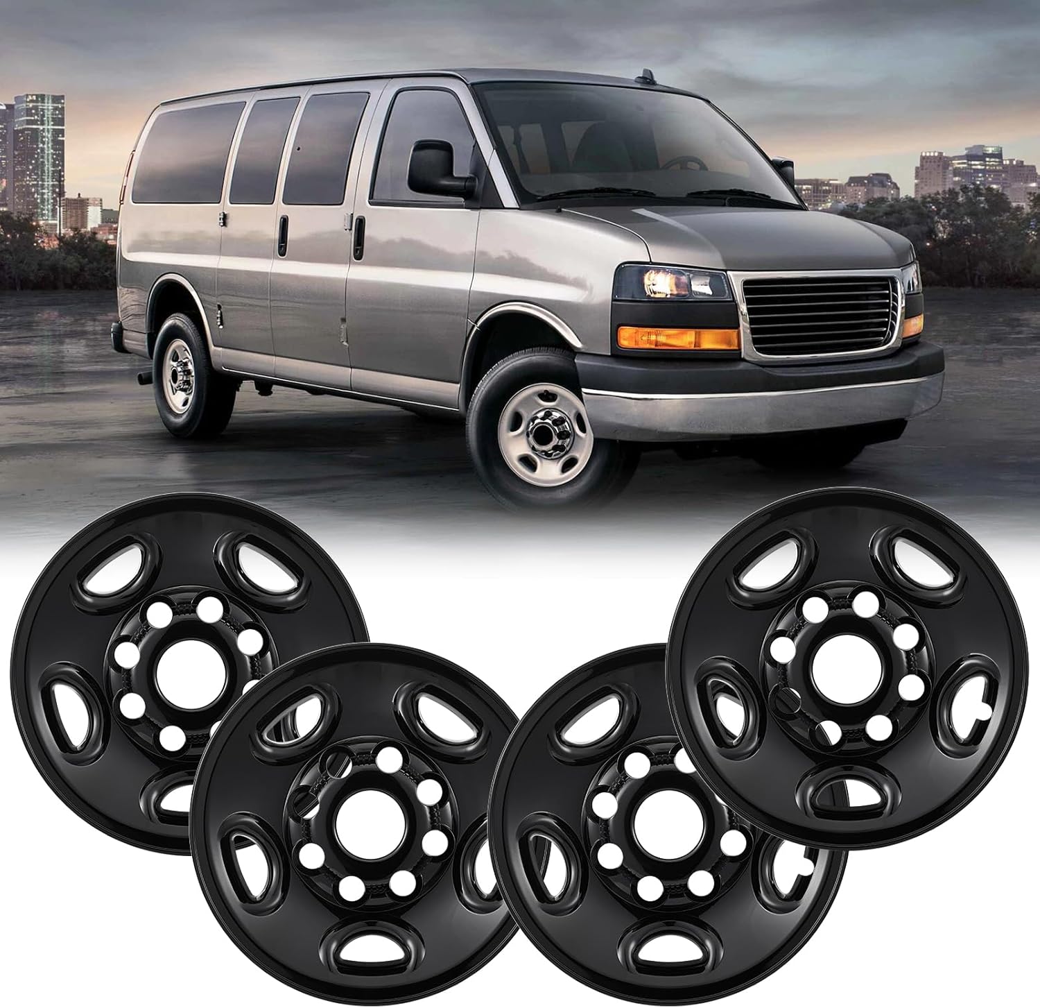 16inch Wheel Skins for 2003-2014 Chevy Express/Savana G1500 G2500 G3500 H1500, 2015-2026 Express/Savana 2500 3500 Glossy Black Wheel Skin Covers Sets of 4, Snap-on Wheel Skin Replacement Set