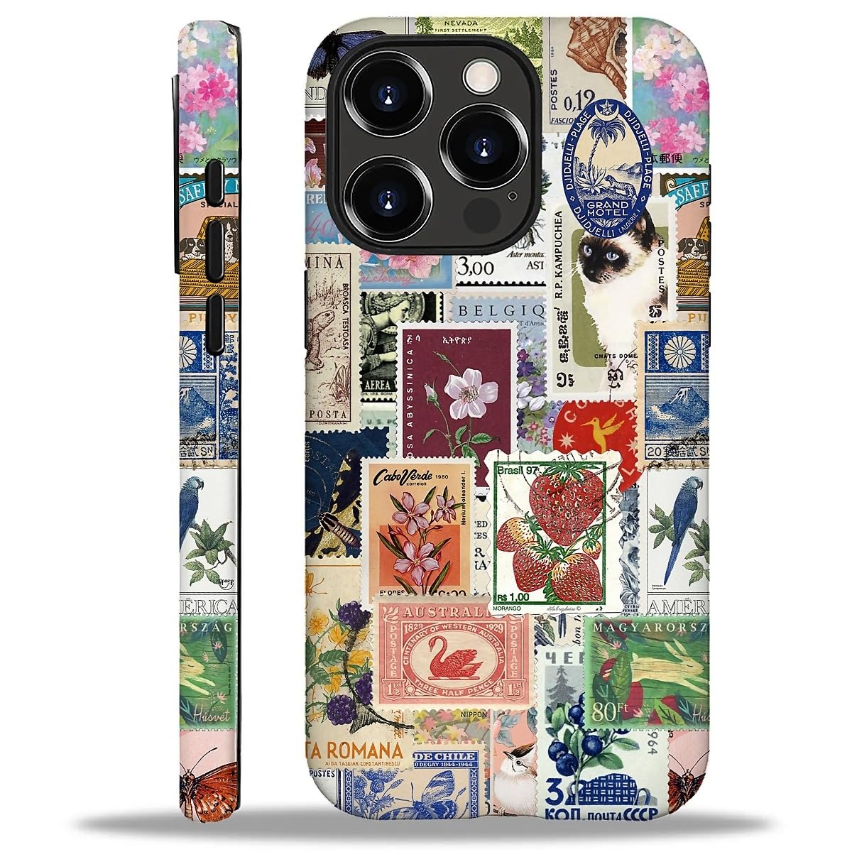 Kapadiy Case for iPhone 16 Pro,Vintage Stamp Collage for Woman Men Full Body Protective Cover Shockproof 2 in 1 Silicone + Hard PC Case for iPhone 16