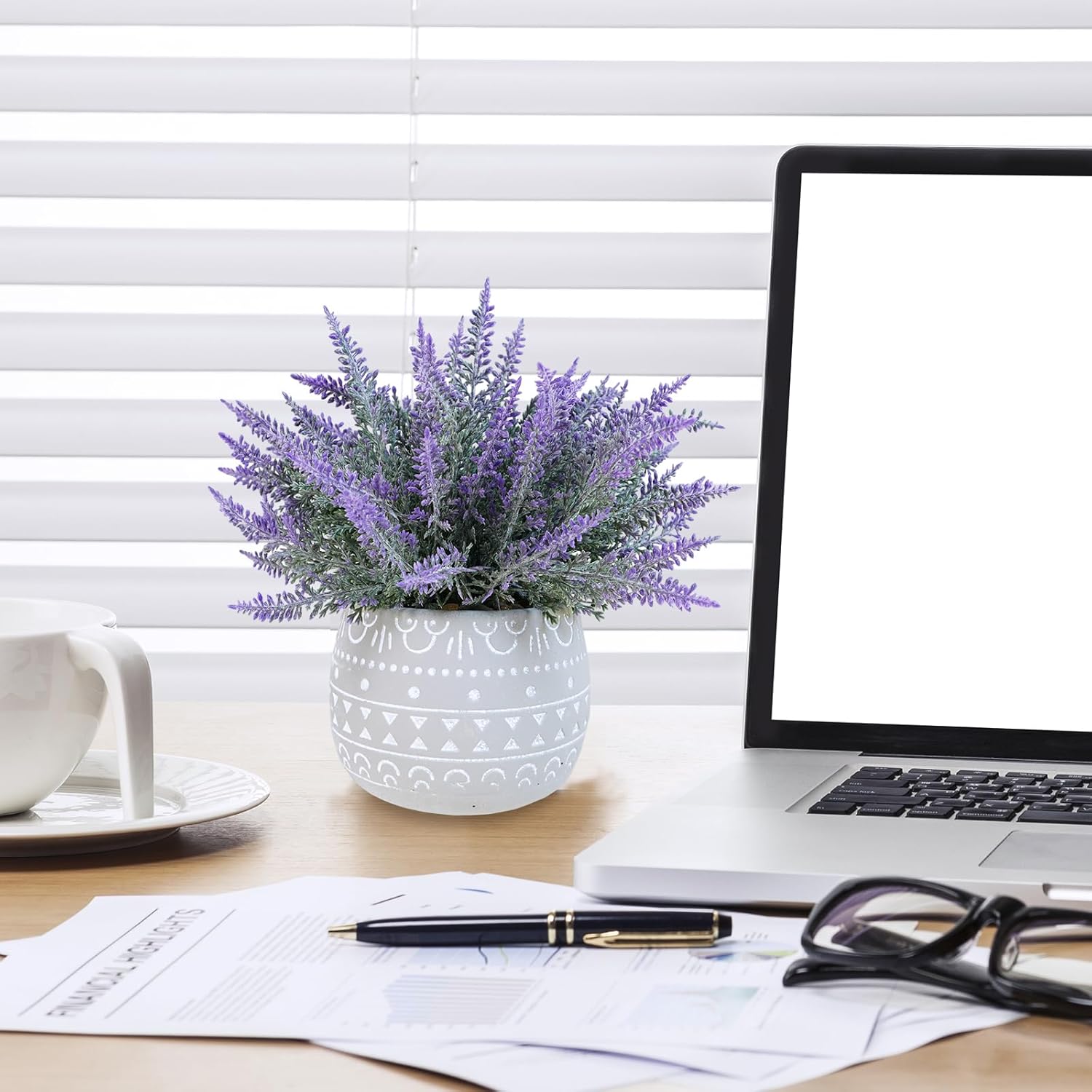 Winlyn Faux Potted Plants Set of 3 – Artificial Lavender Flower, Rosemary, Boxwood in Gray Geometric Concrete Pots for Wedding Home Living Room Table Centerpiece Windowsill Shelf French Boho Décor
