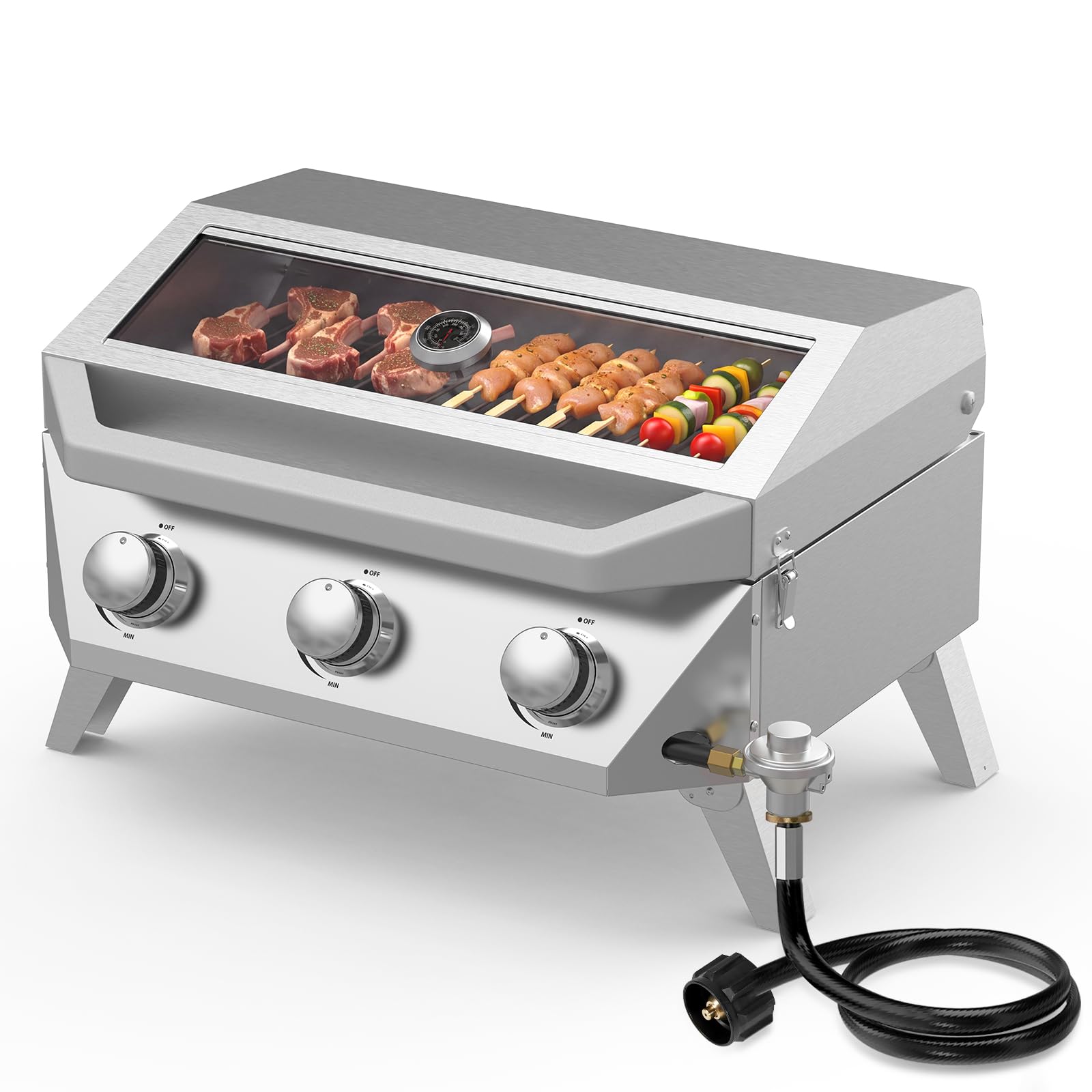 BESTFIRE 3 Burner Propane Grill, 30000 BTU Stainless Steel Tabletop BBQ, Portable Gas BBQ with Glass Lid, Thermometer &amp; Dual Tank Adapter for 1lb/20lb, Outdoor Camping Tailgating 29.72" Wide